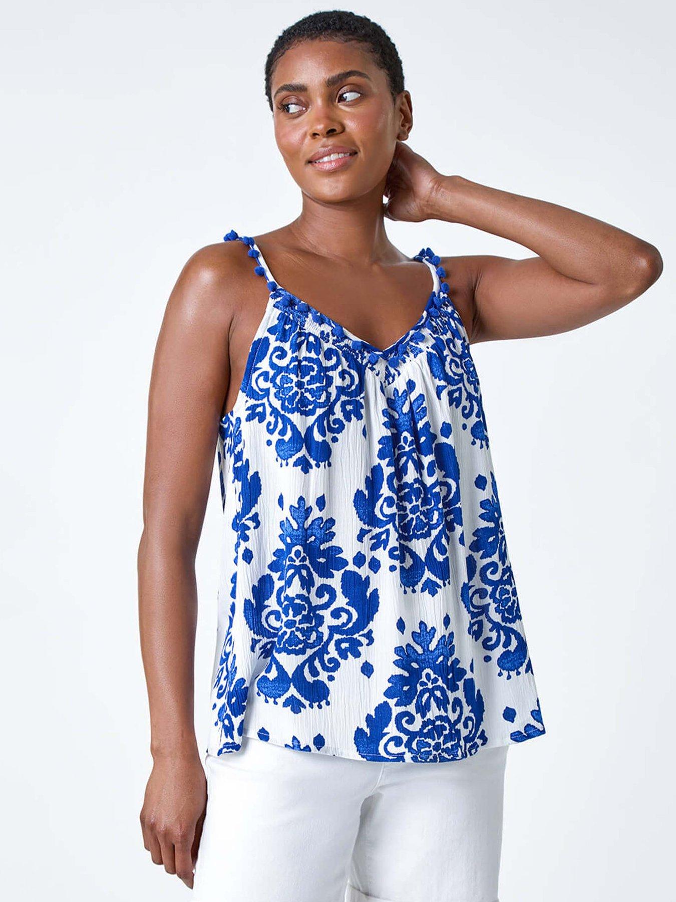 undefined Paisley Pom Pom Trim V-neck Crinkle Vest Top