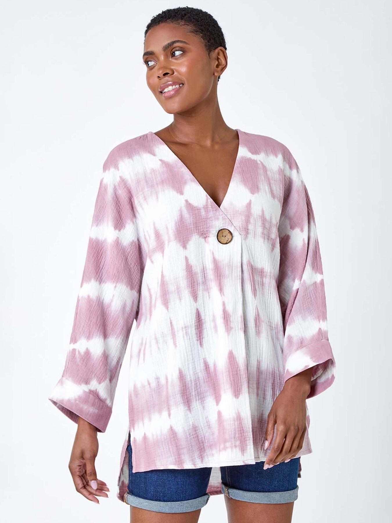 undefined Cotton Tie Dye Button Detail V-neck Top