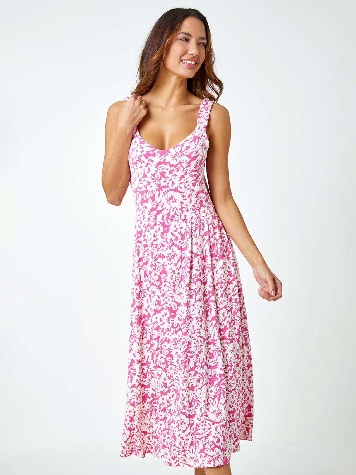 Roman Sleeveless Floral Midi Stretch Dress, Pink, Size 18, Women