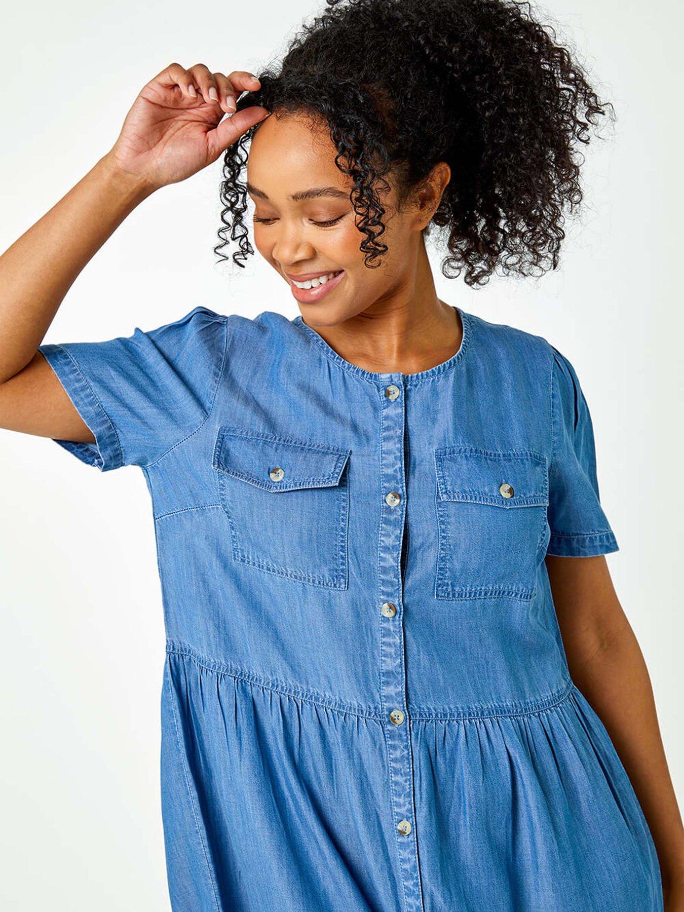 petite denim dress uk ONLY Petite ONLKARLA V NECK DRESS - Denim dress - medium blue denim/blue  denim