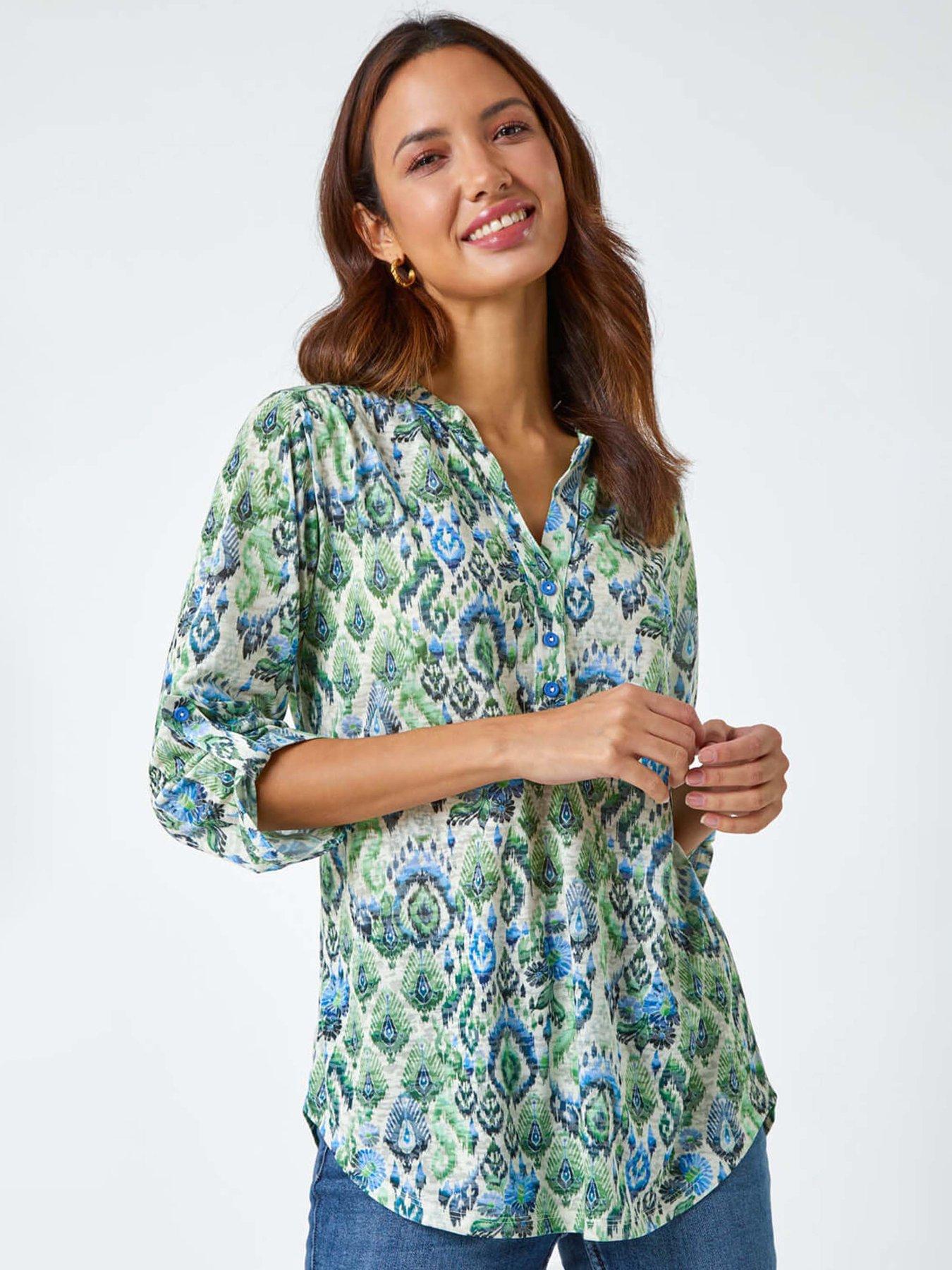 Image 1 of 5 of Roman Aztec Burnout Print Relaxed V-neck Tunic Top