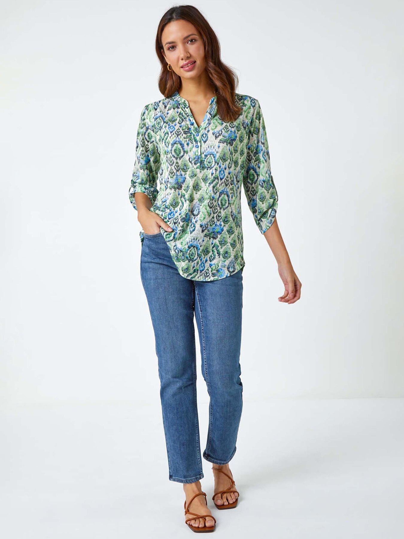 Image 3 of 5 of Roman Aztec Burnout Print Relaxed V-neck Tunic Top