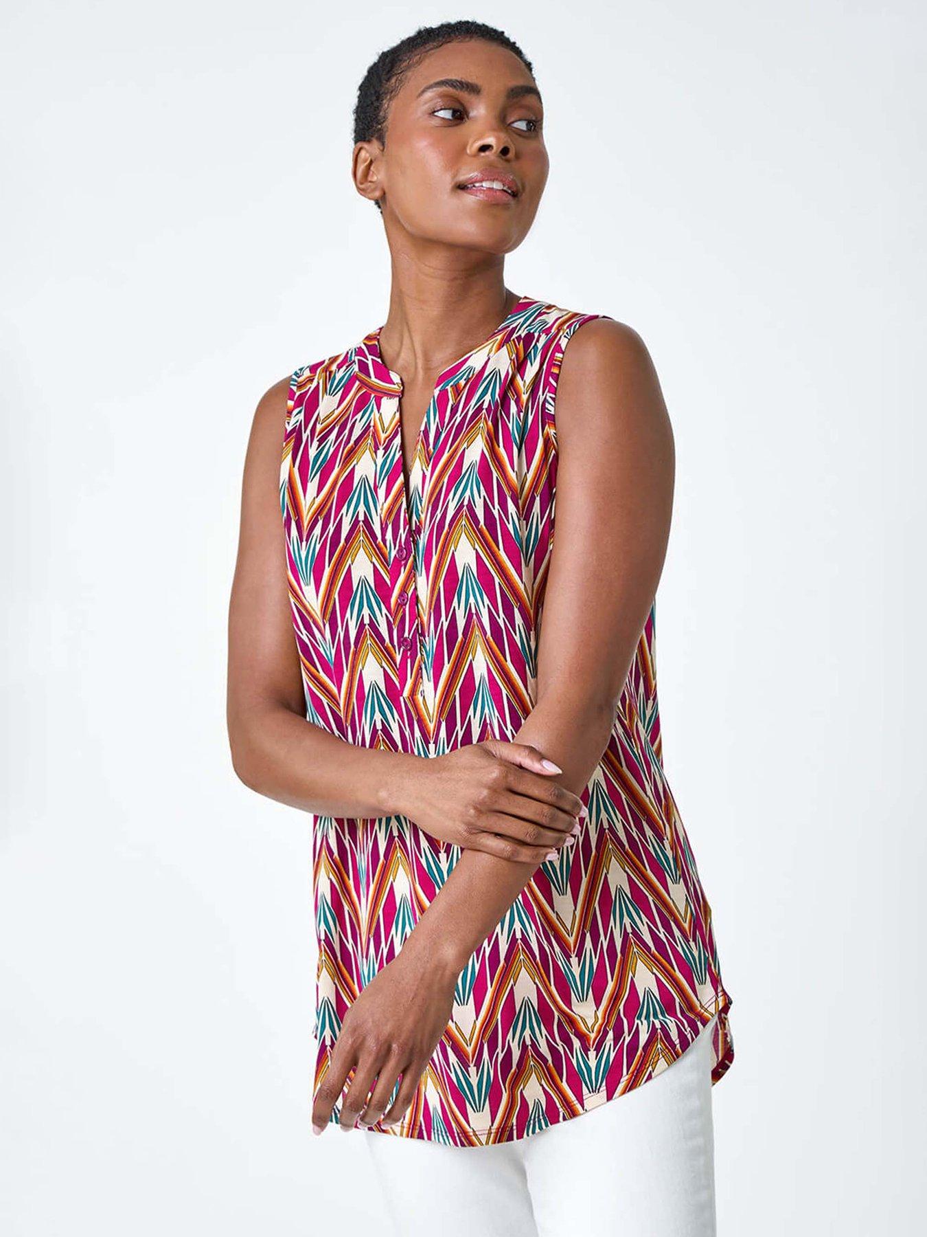 undefined Sleeveless V-neck Floral Button Detail Top