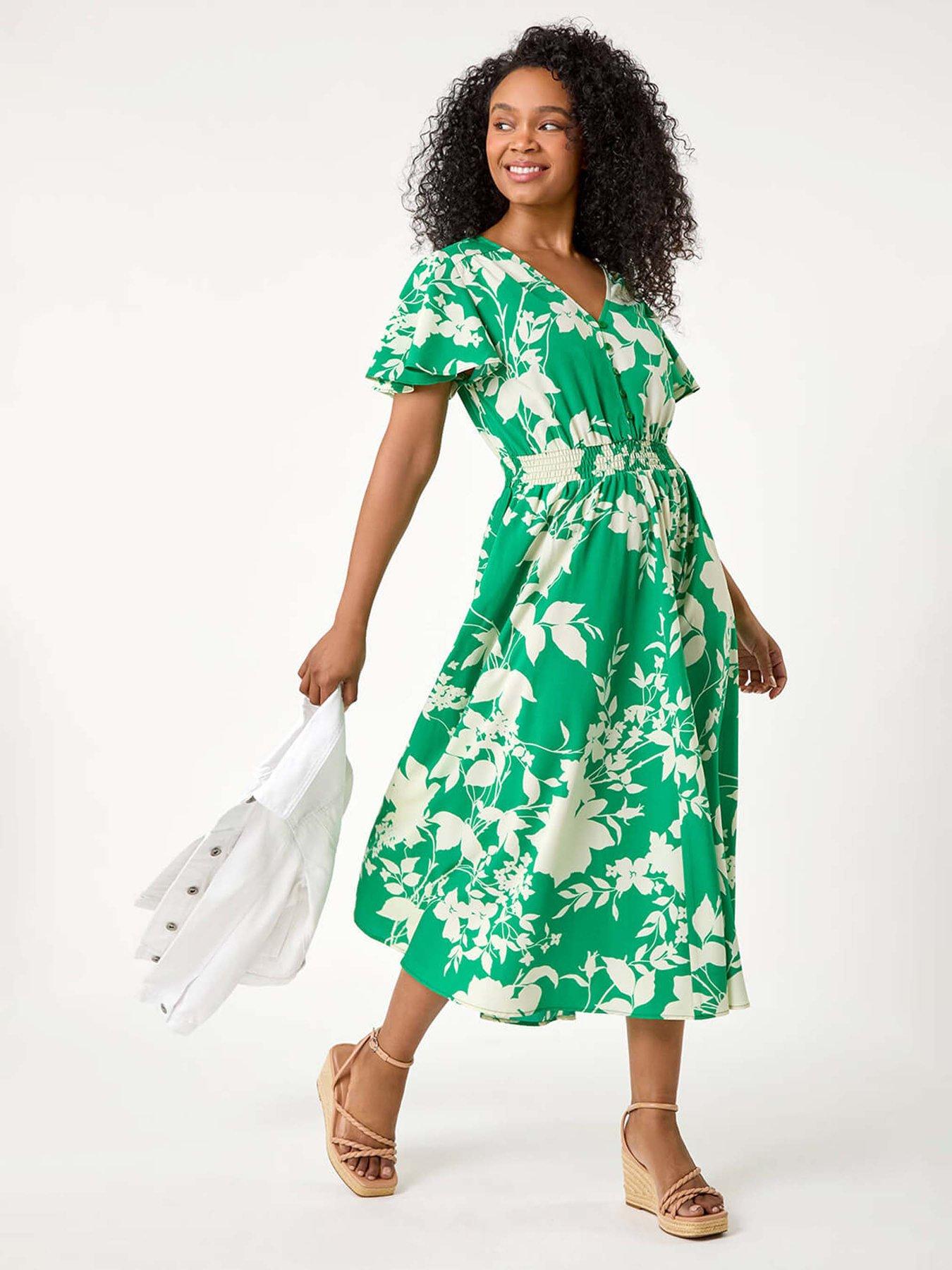 undefined Petite Leaf Print Shirred Midi Dress