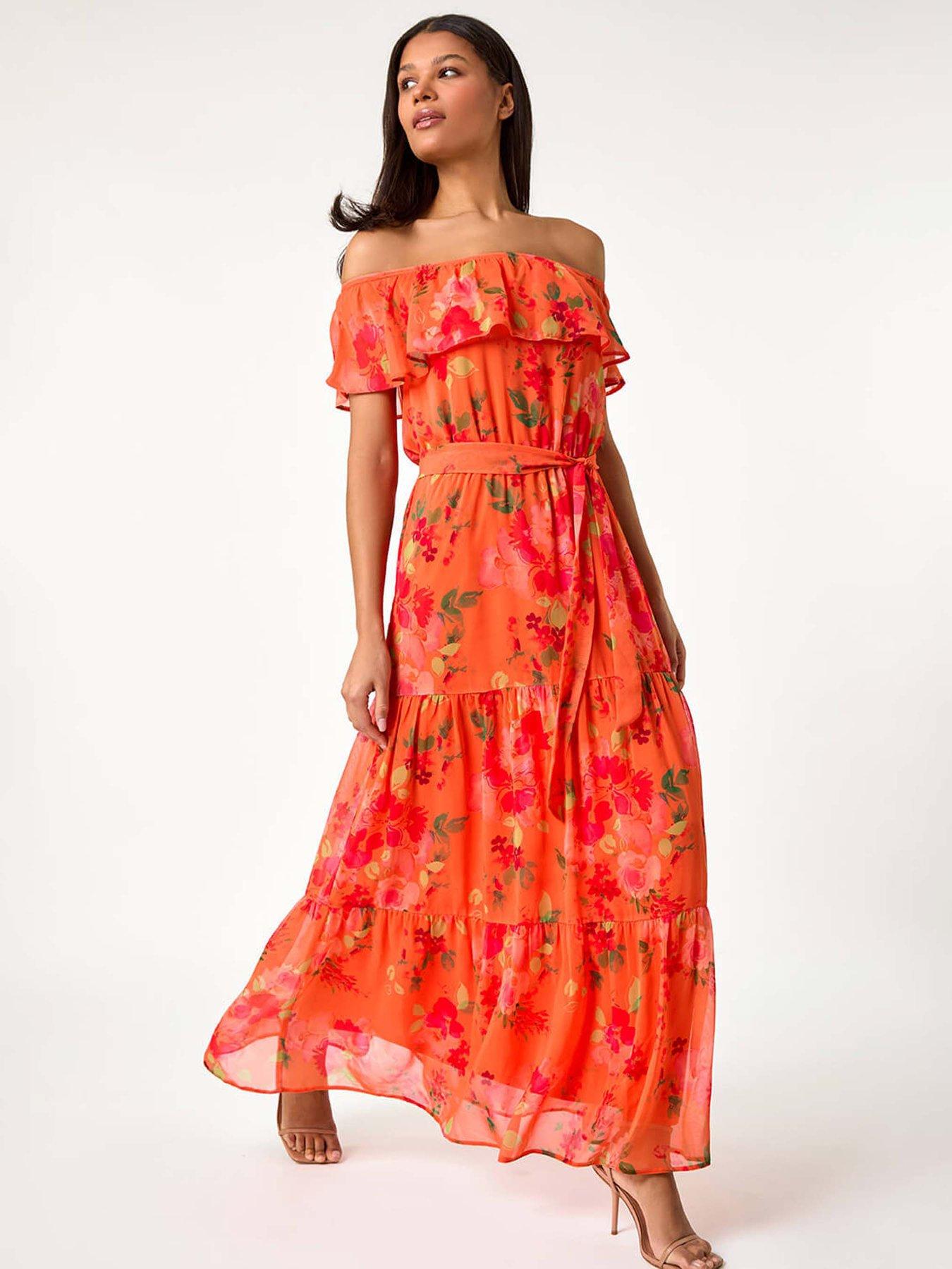 undefined Floral Tiered Bardot Belted Dress
