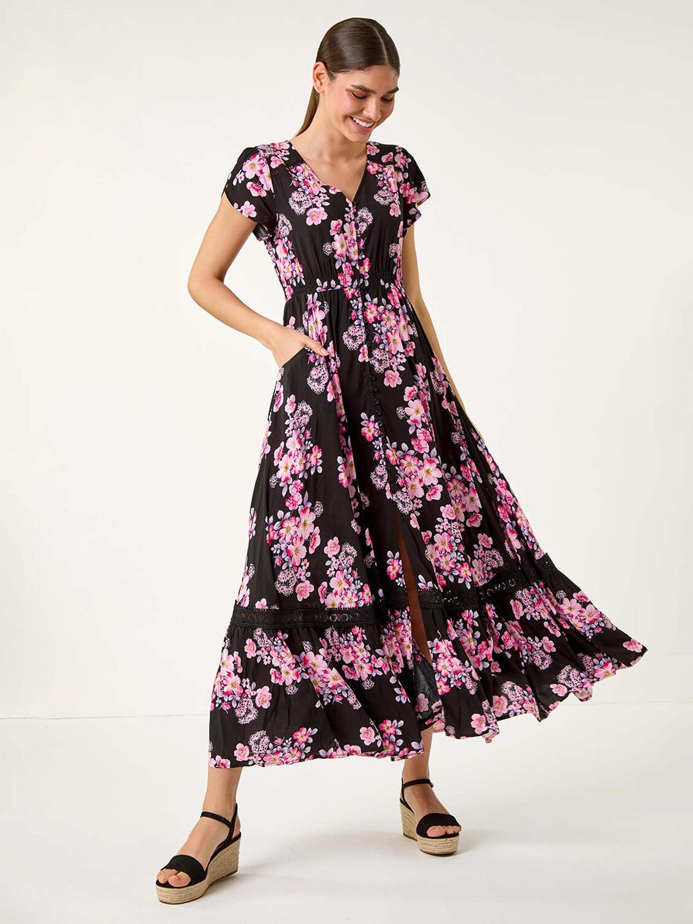 undefined Floral Print Shirred Waist Maxi Dress