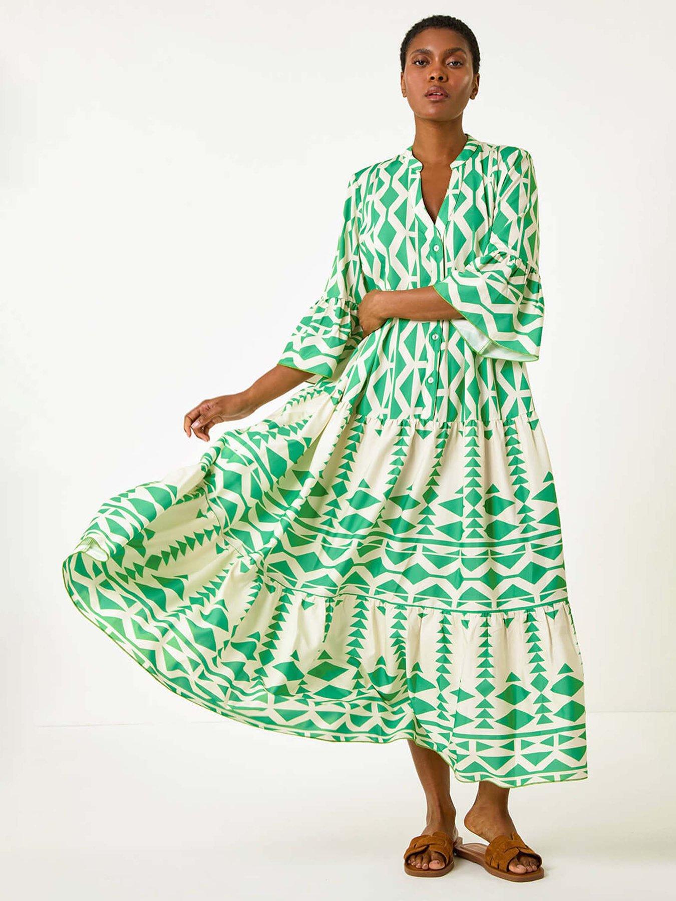 Image 1 of 5 of Roman Aztec Print Tiered Midi Smock Dress