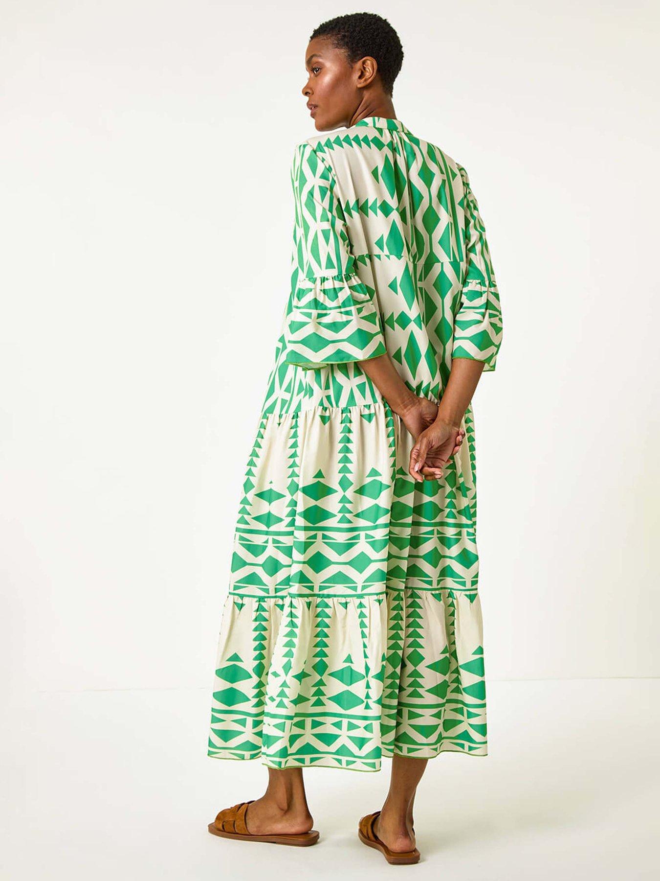 Image 2 of 5 of Roman Aztec Print Tiered Midi Smock Dress