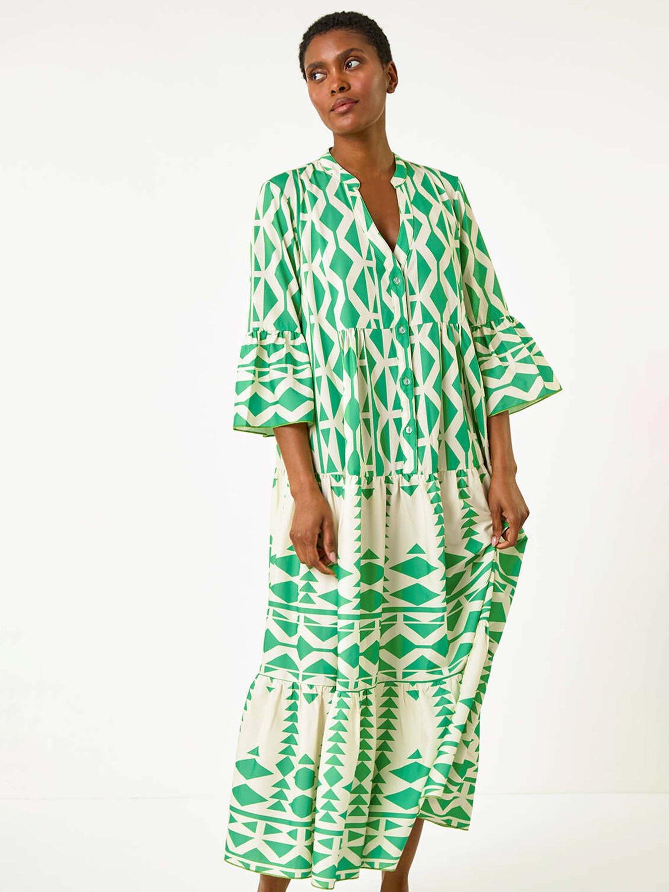 Image 3 of 5 of Roman Aztec Print Tiered Midi Smock Dress
