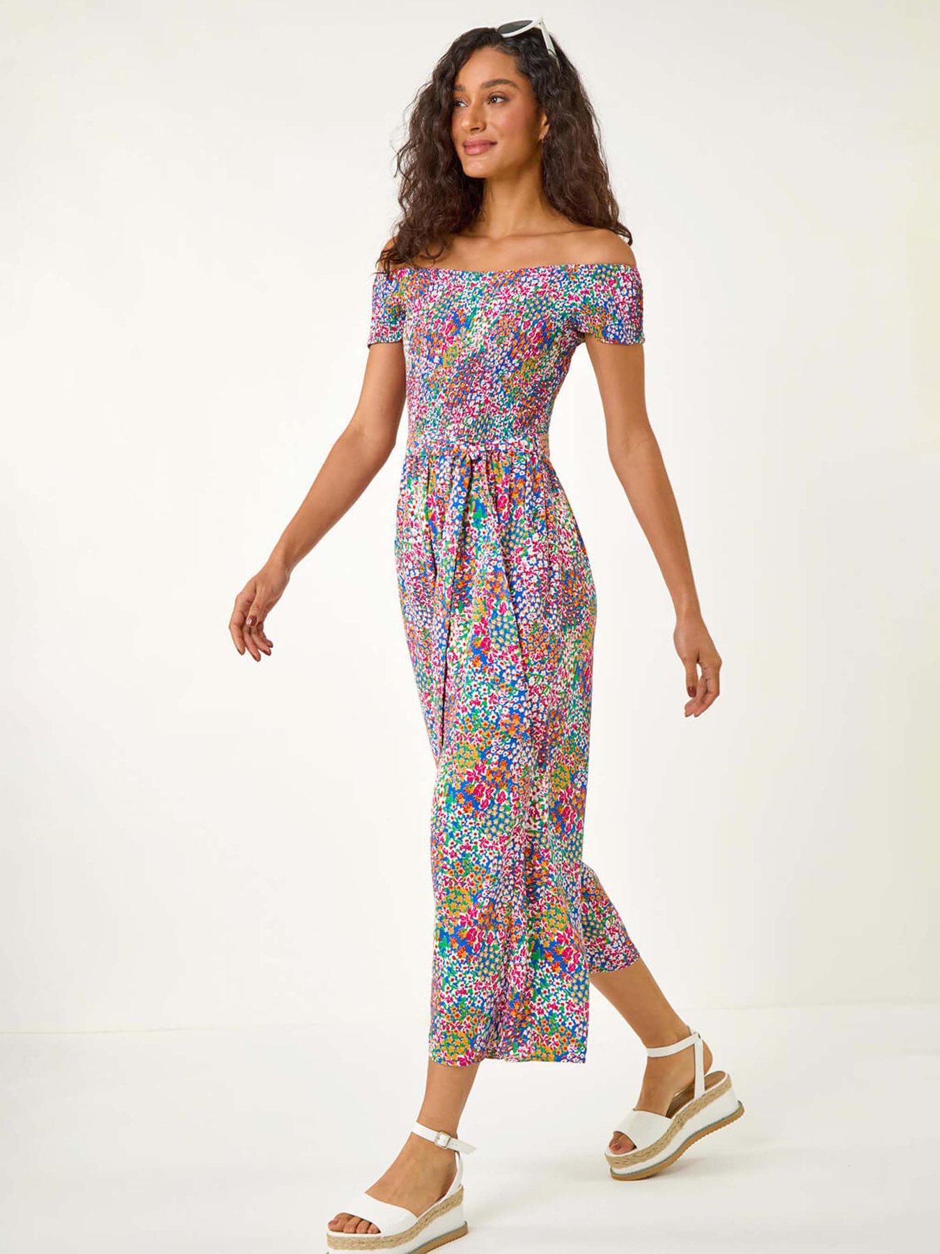 undefined Floral Shirred Stretch Bardot Jumpsuit