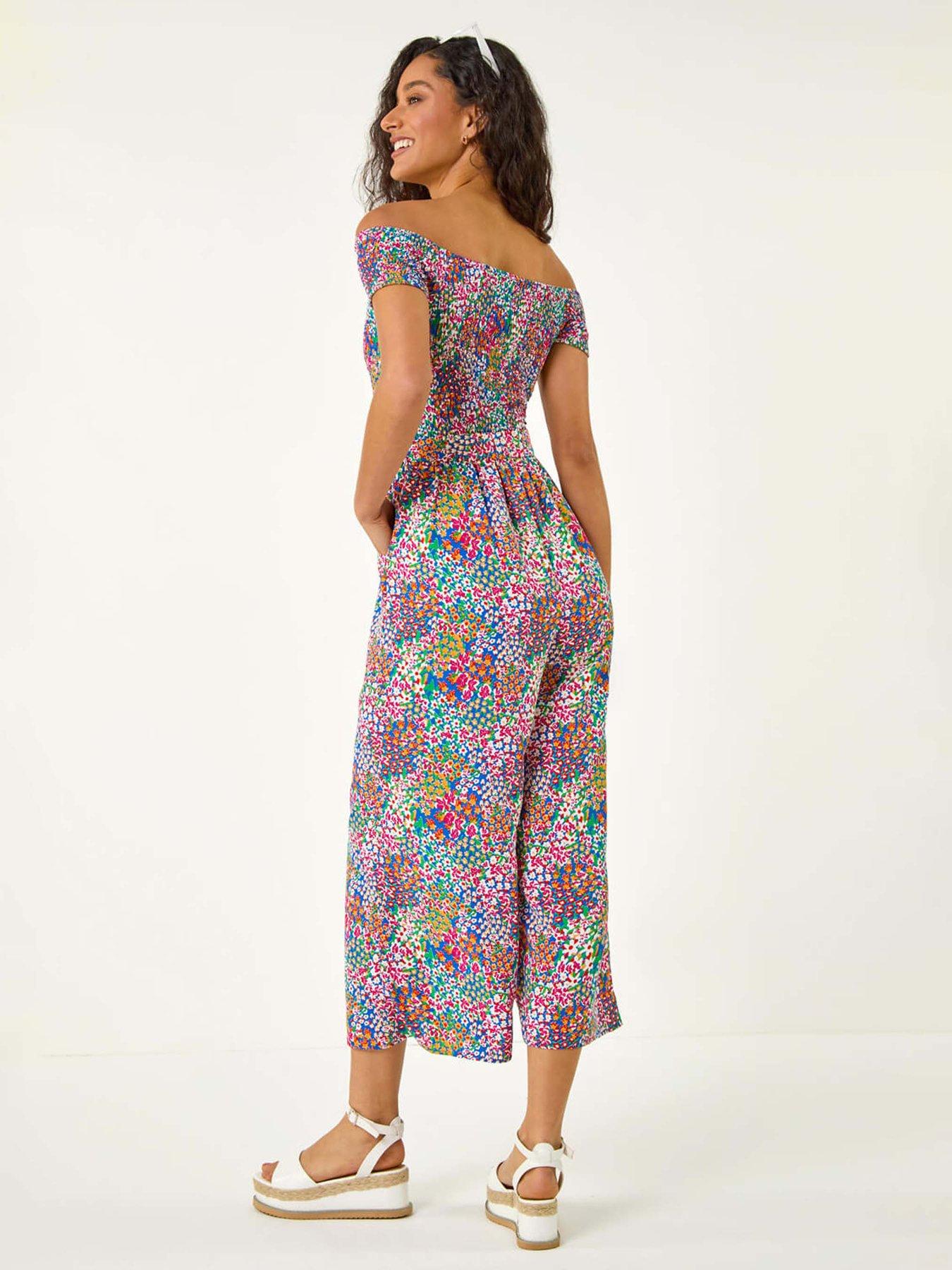 Roman Floral Shirred Stretch Bardot Jumpsuit | Very