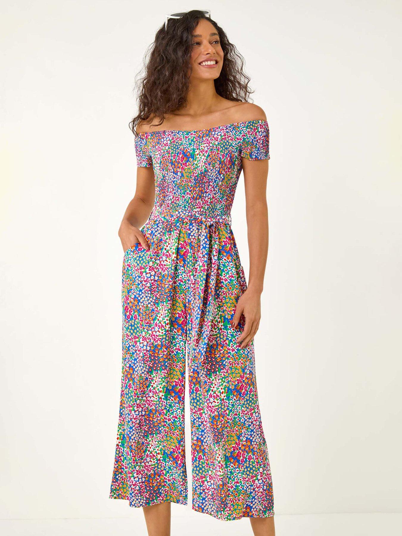 Roman Floral Shirred Stretch Bardot Jumpsuit | Very
