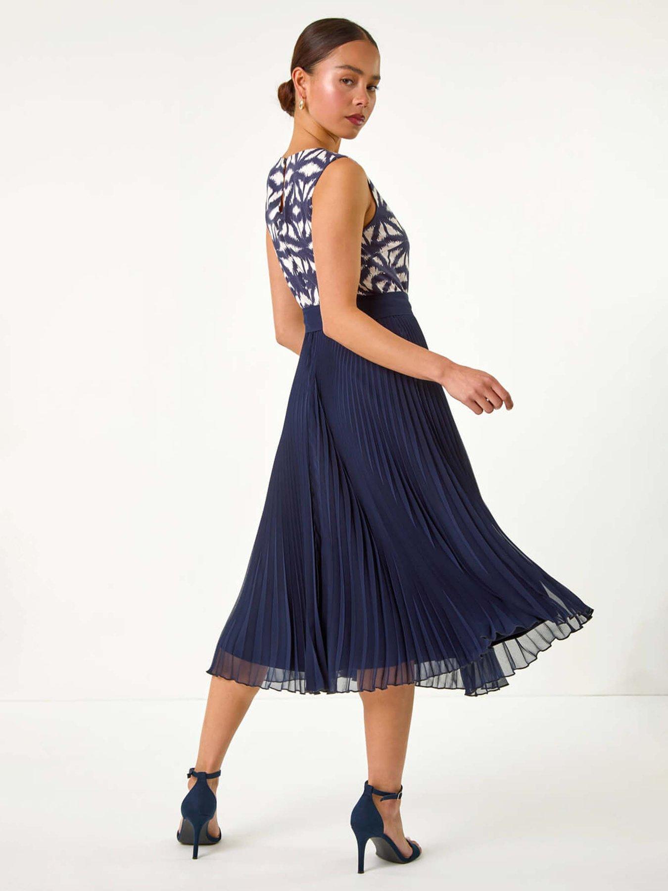  image of roman-petite-geometric-print-pleated-midi-dress
