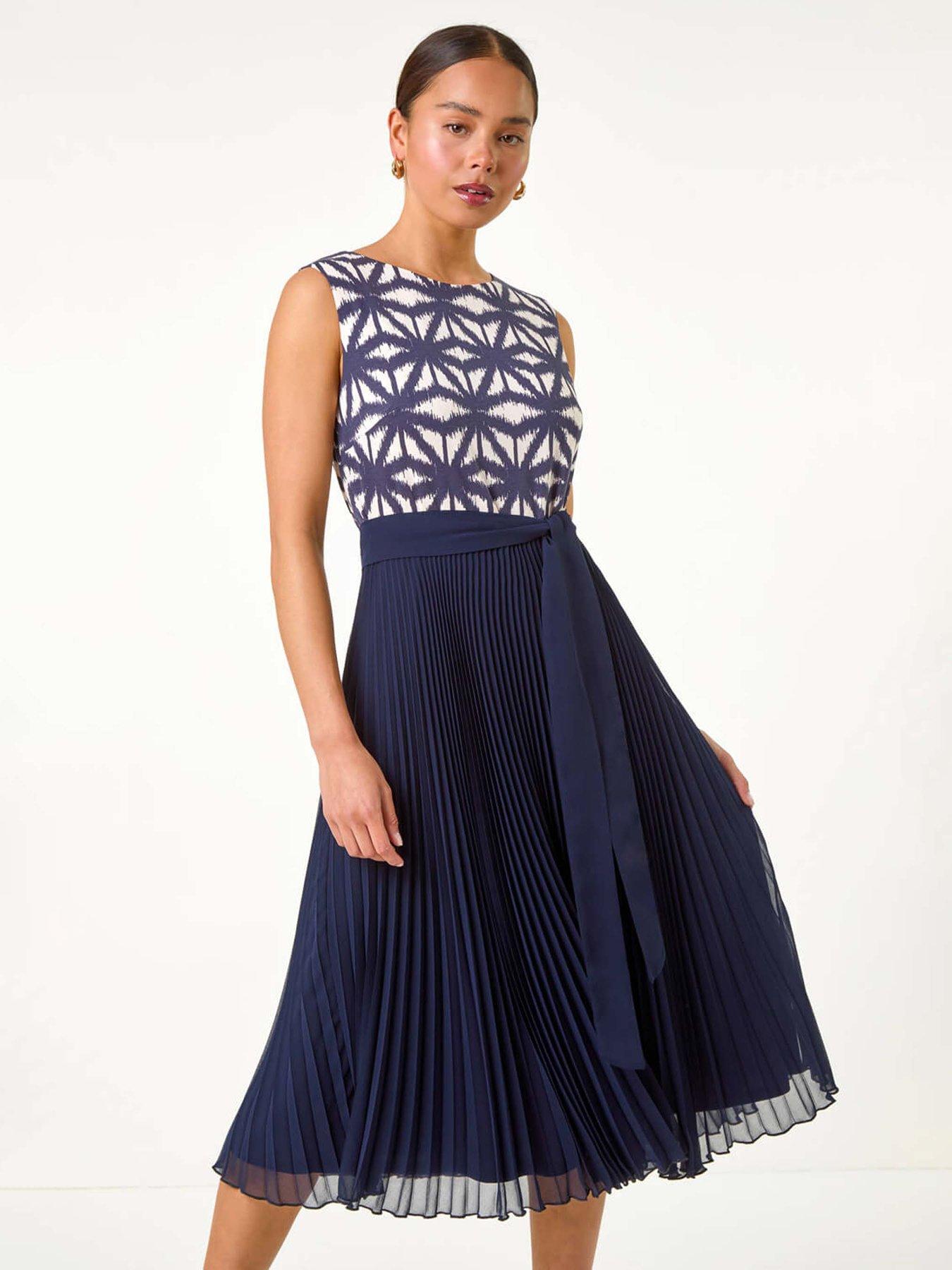  image of roman-petite-geometric-print-pleated-midi-dress