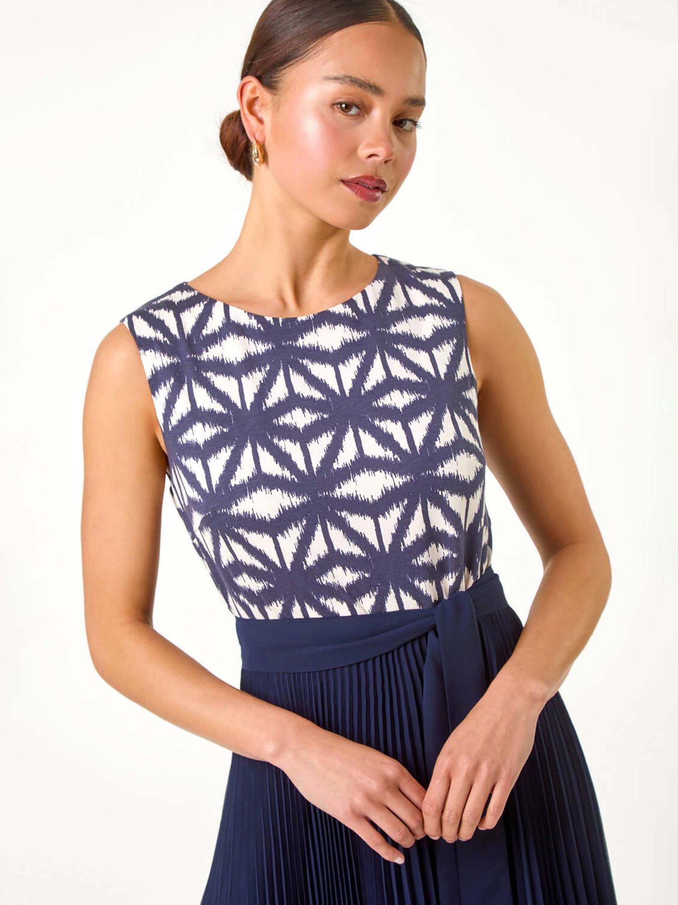  image of roman-petite-geometric-print-pleated-midi-dress