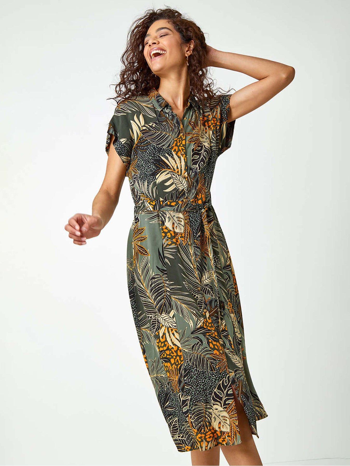 undefined Tropical Leaf Print Shirt Dress