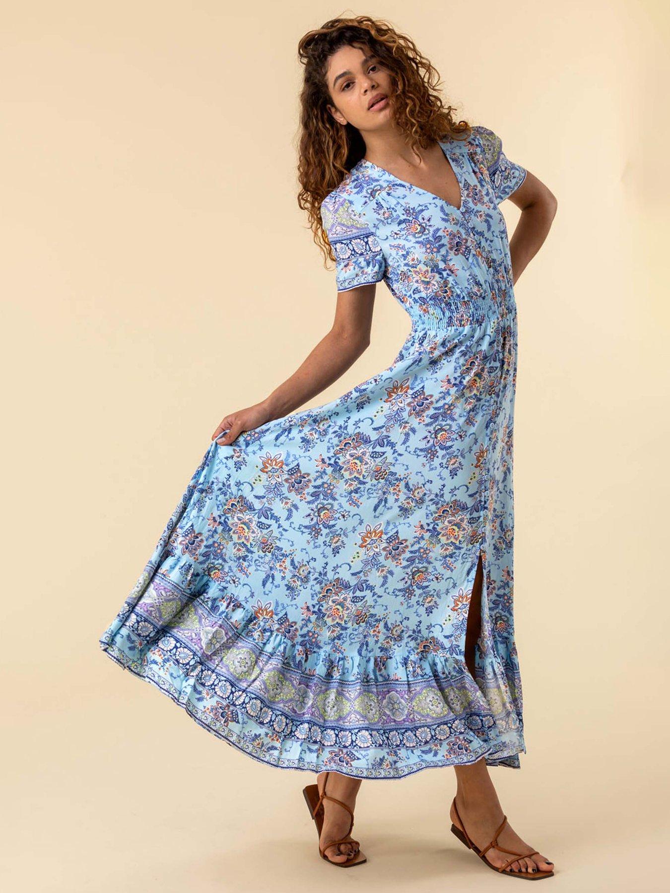 undefined Floral Print Shirred Waist Maxi Dress