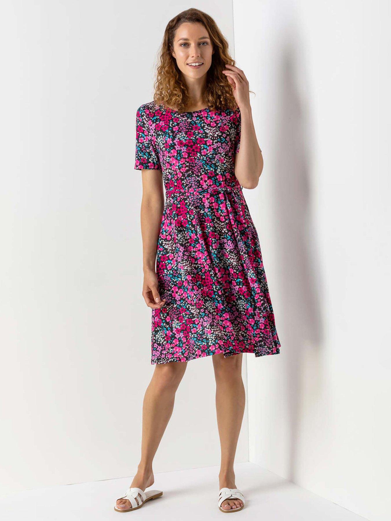 undefined Floral Print Belted Skater Dress
