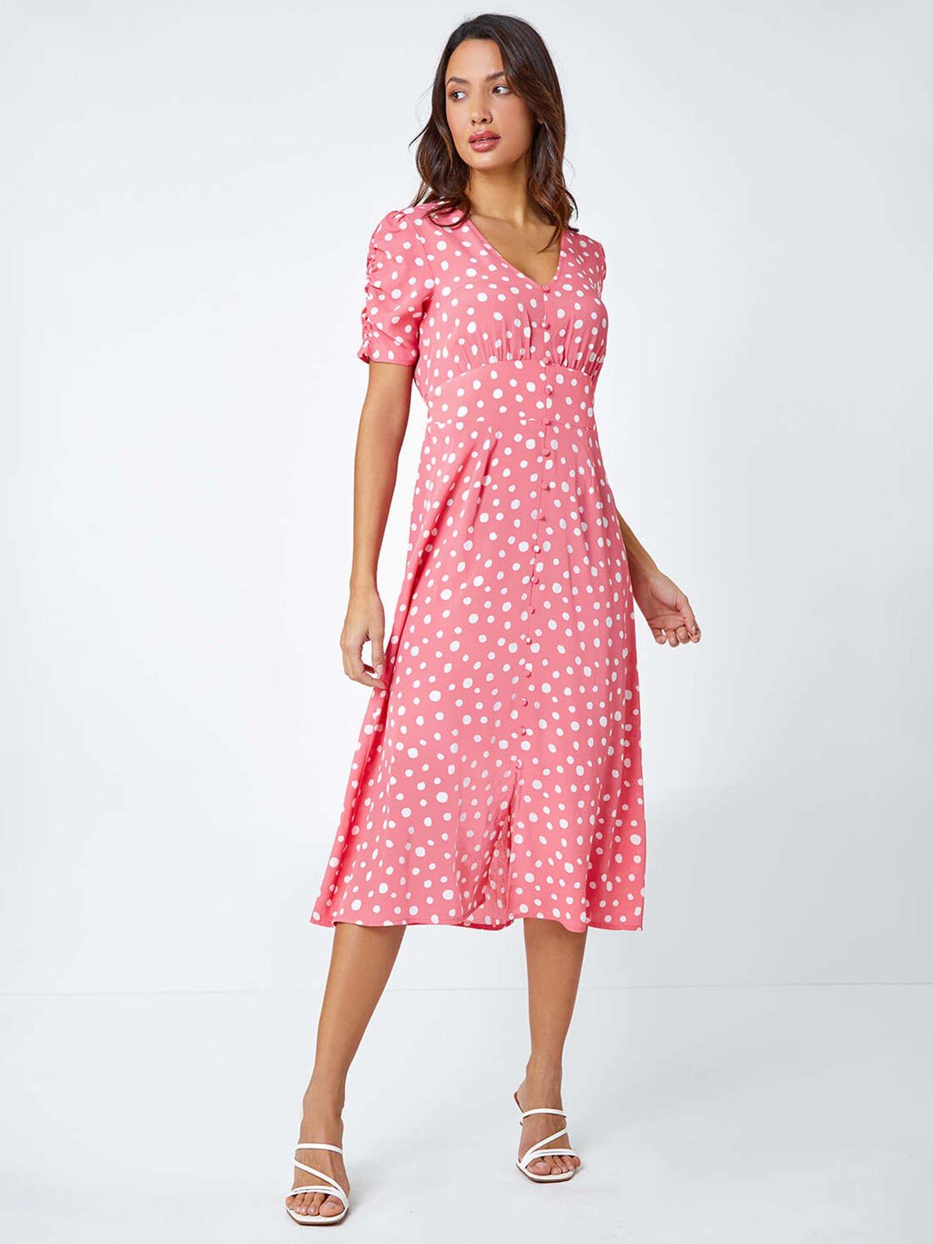undefined Polka Dot Ruched Sleeve Midi Dress - Pink
