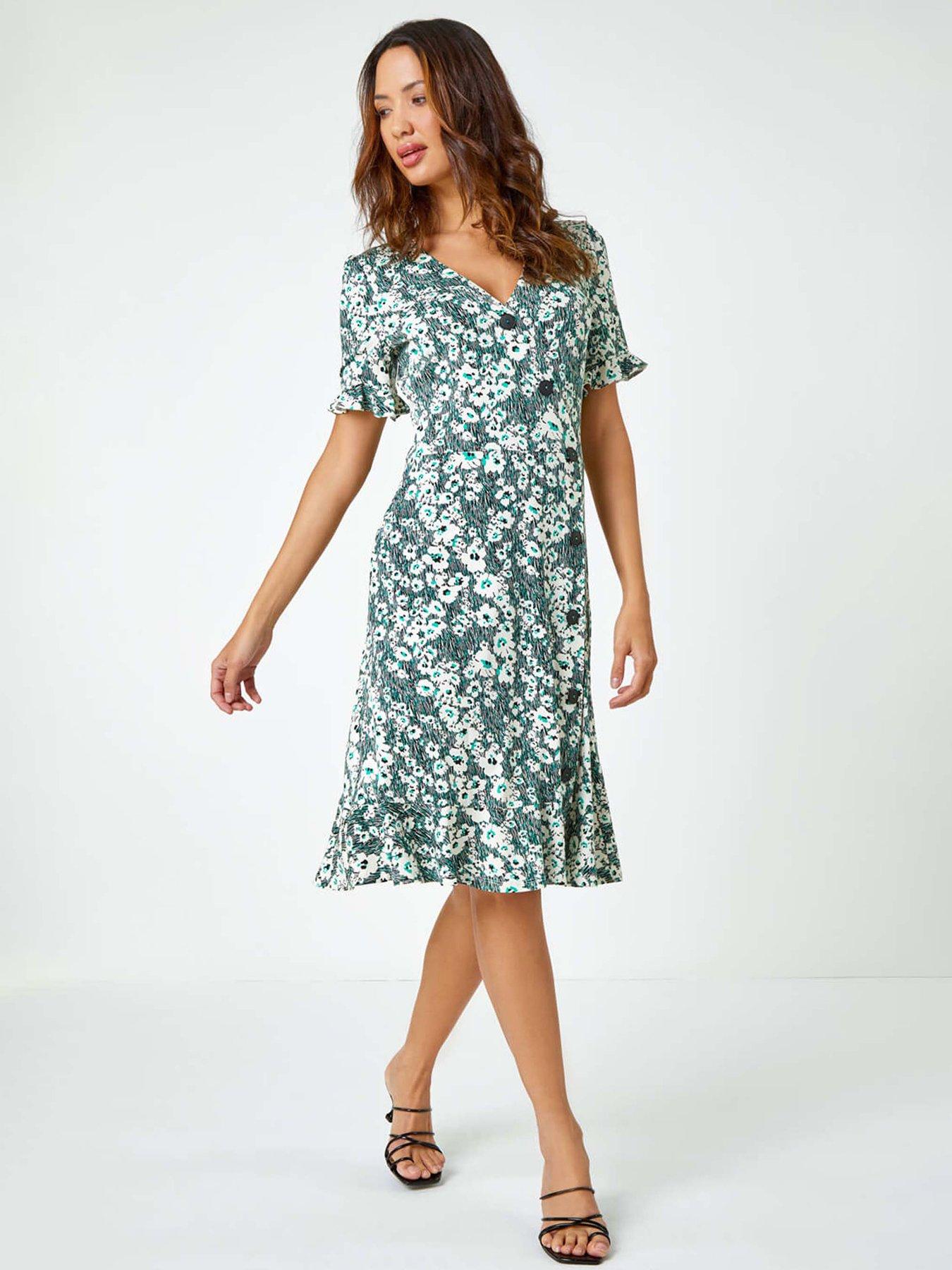 Image of Roman Floral Print Button Detail Tea Dress