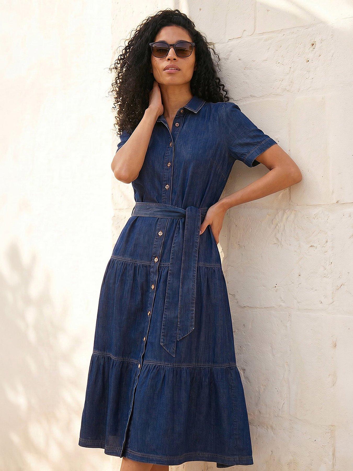 Roman Denim Tiered Cotton Midi Dress, Blue, Size 20, Women