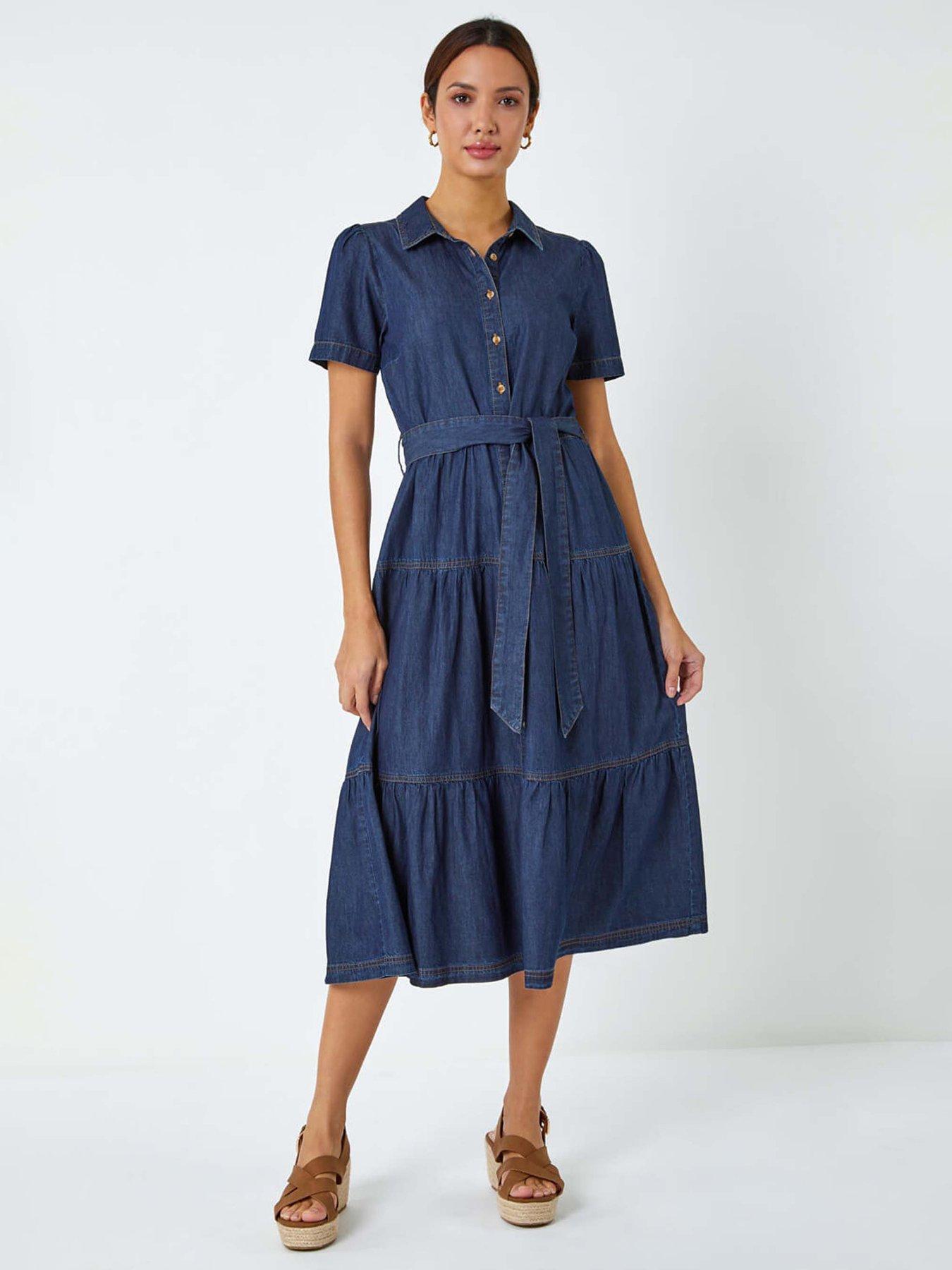 undefined Denim Tiered Cotton Midi Dress