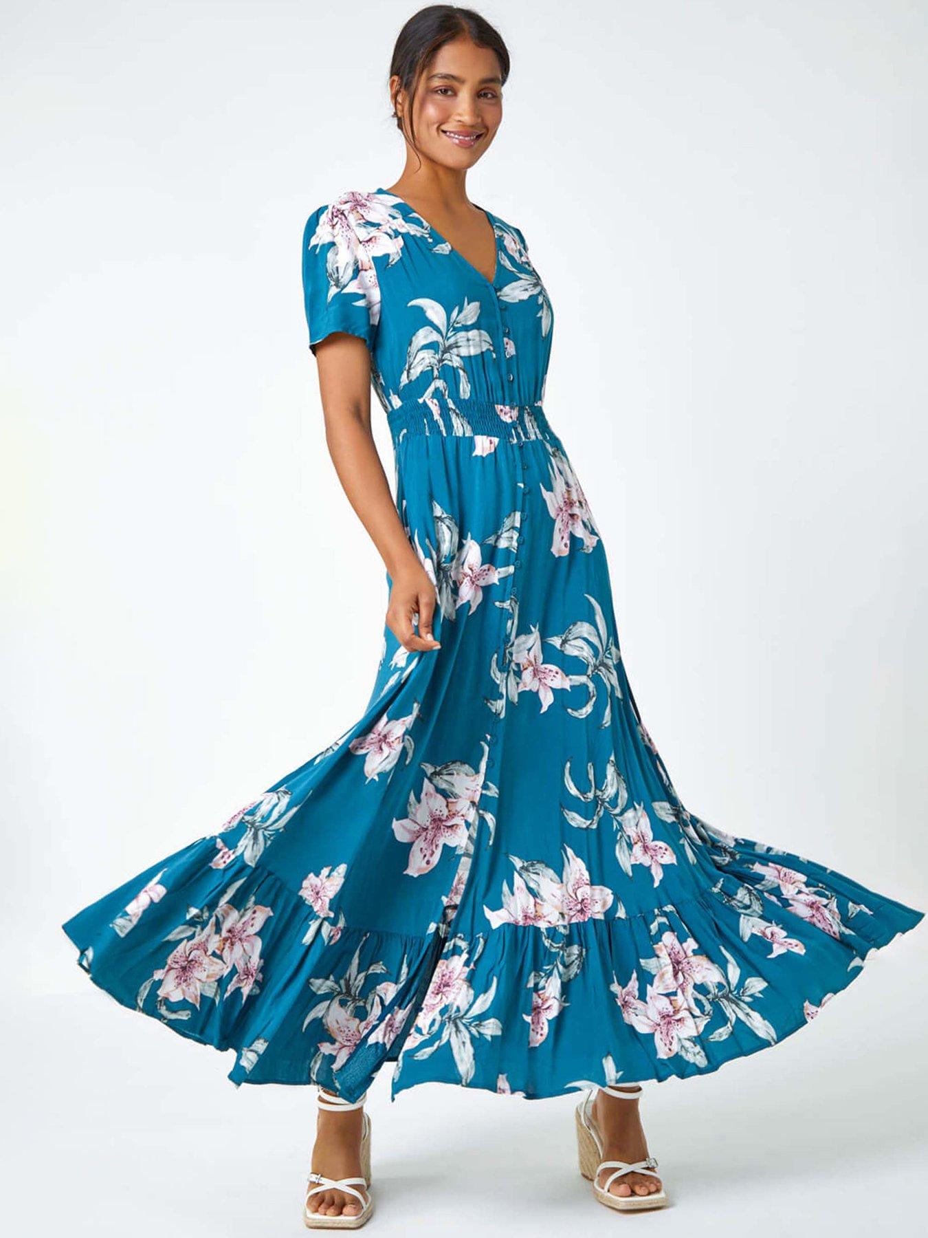 undefined Floral Print Shirred Waist Maxi Dress