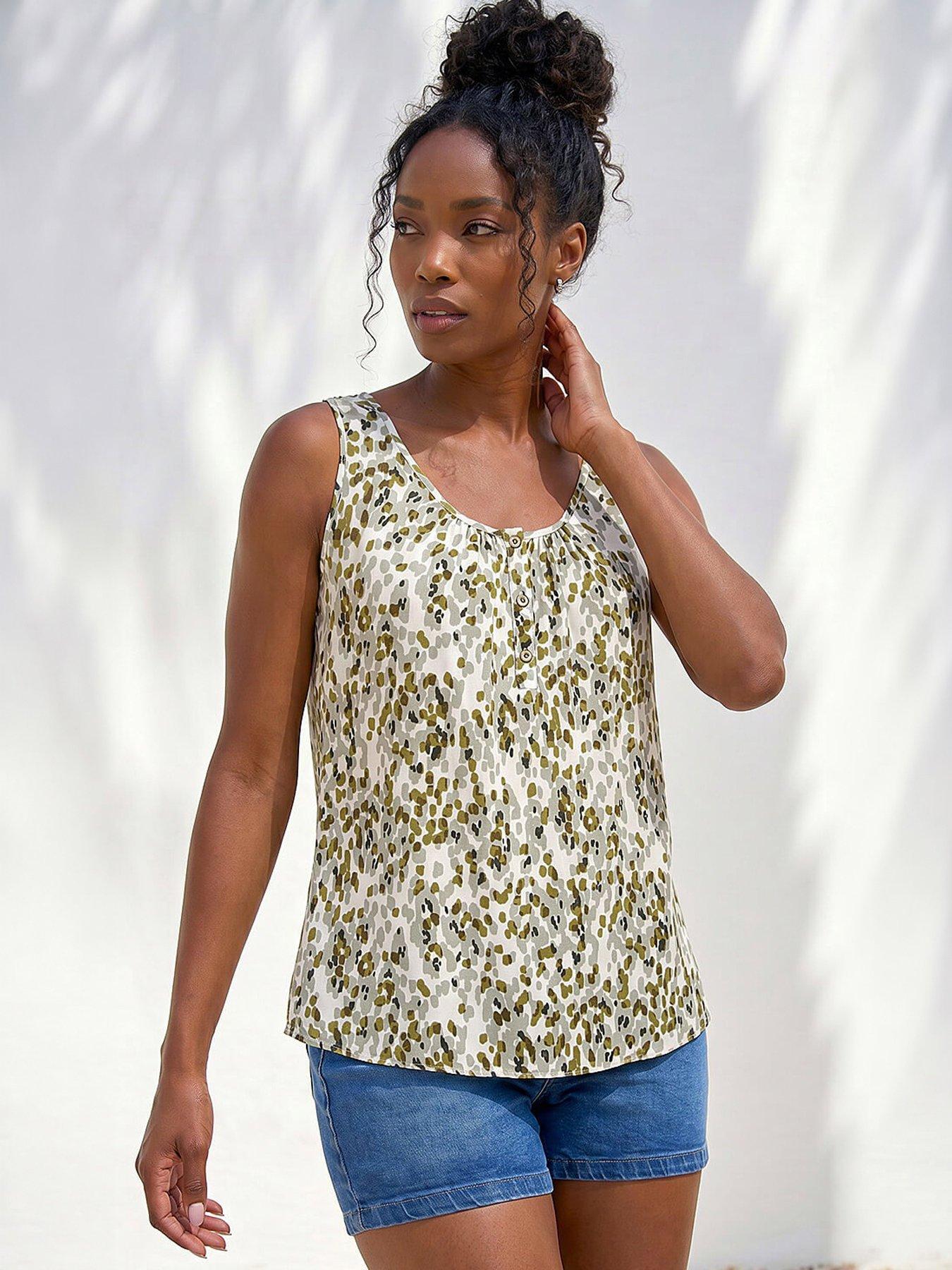 Roman Abstract Spot Print Button Vest, Green, Size 14, Women