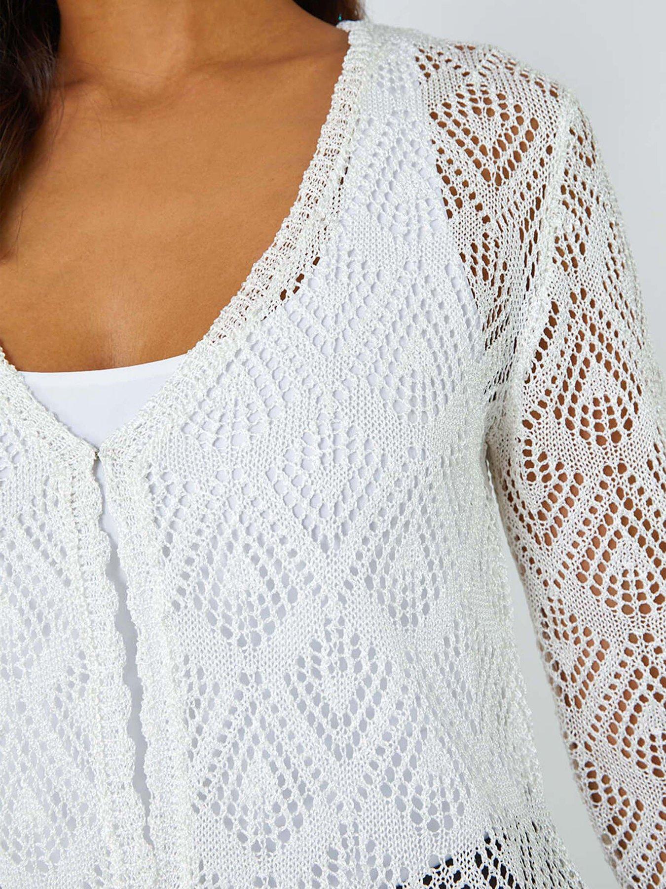 Image 4 of 5 of Roman Knitted Crochet Shimmer Shrug - White