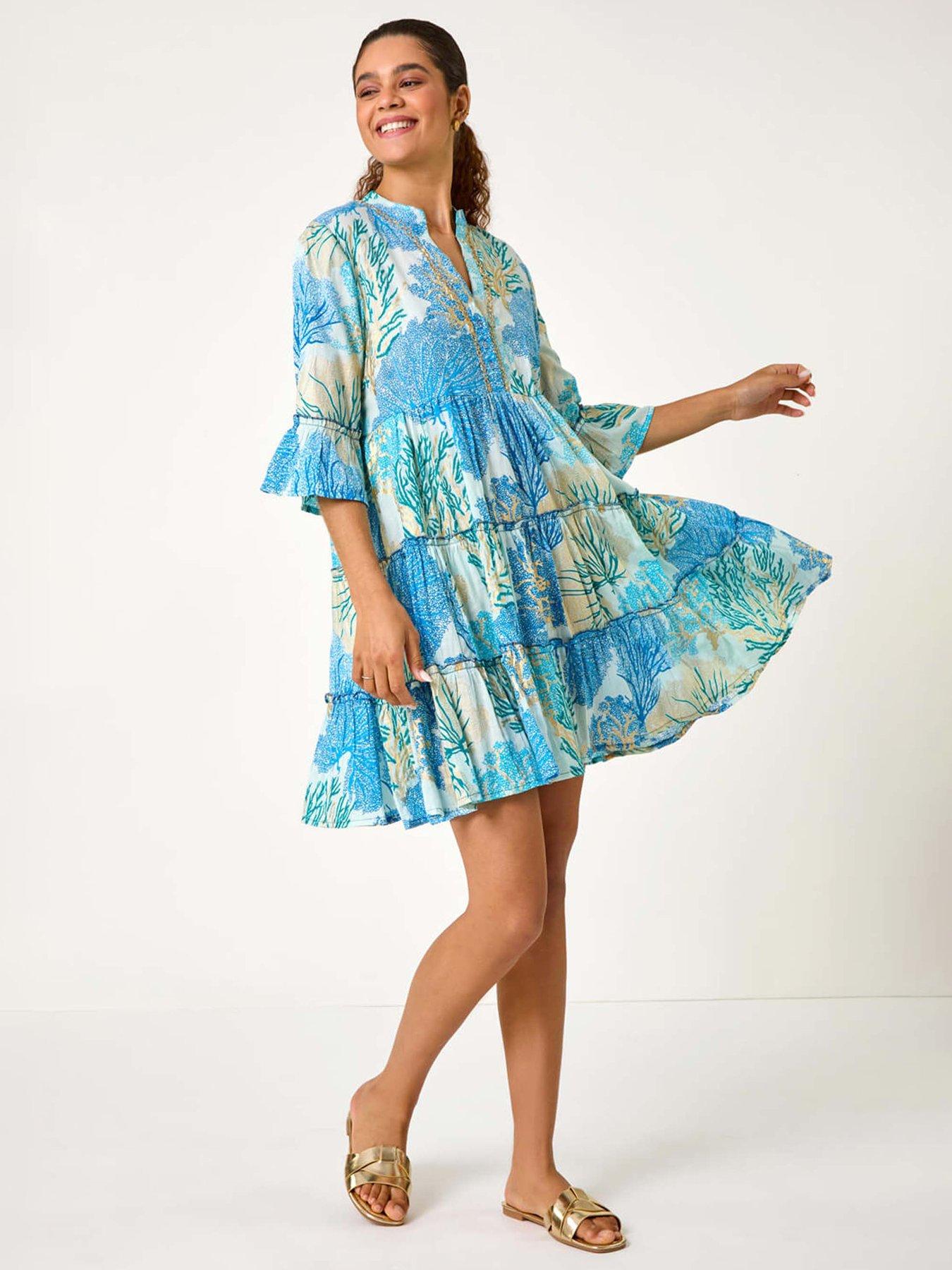 undefined Embroidered Cotton Printed Frill Smock Dress