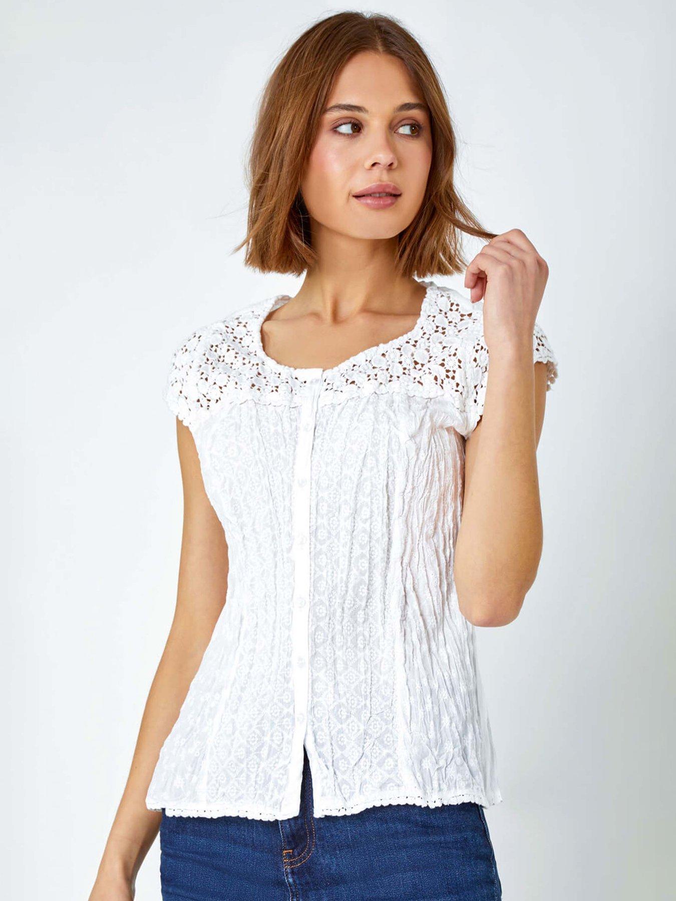 undefined Lace Yoke And Sleeve Crinkle Blouse