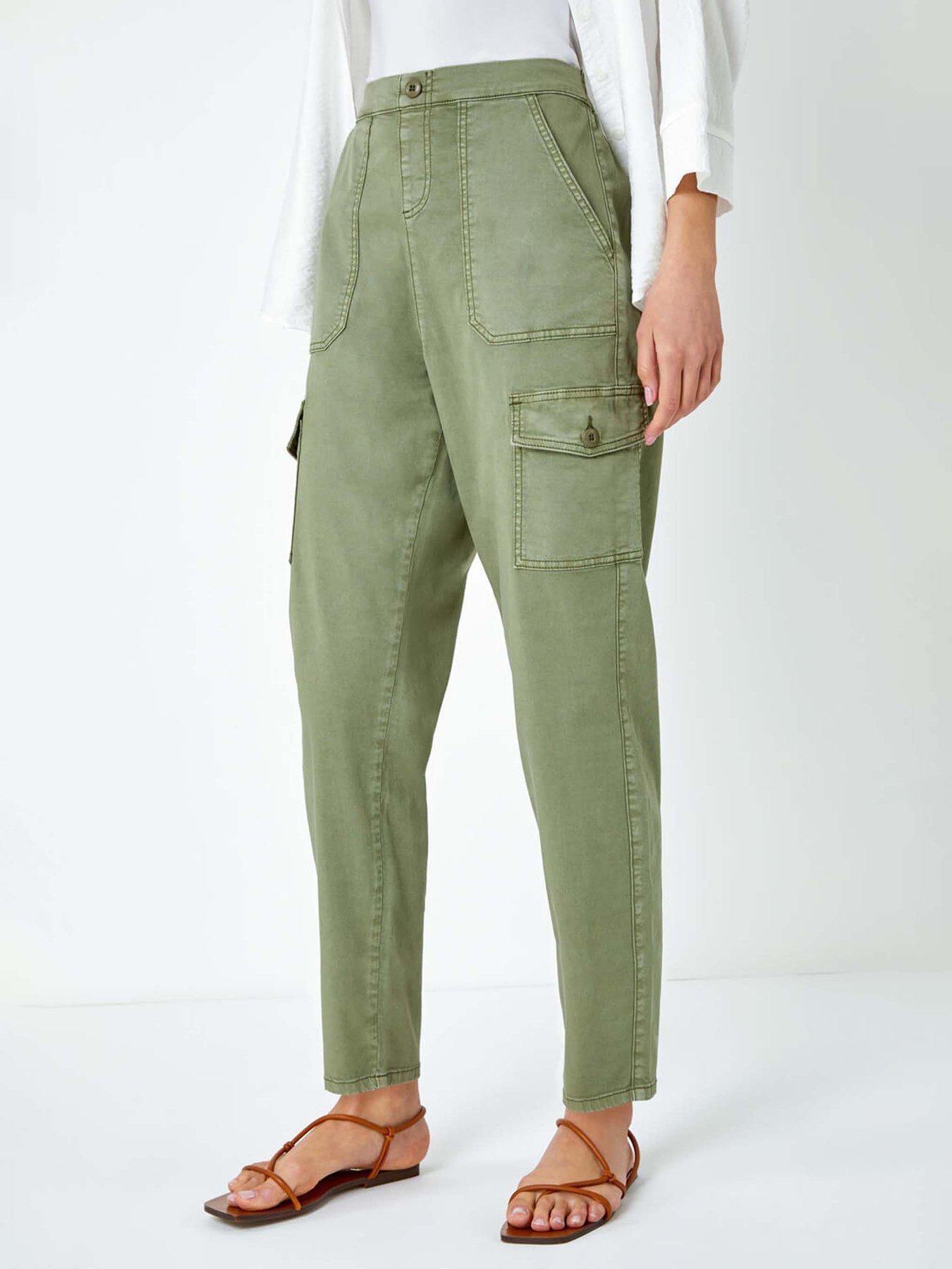 undefined Casual Elastic Waist Cargo Stretch Trousers - Green