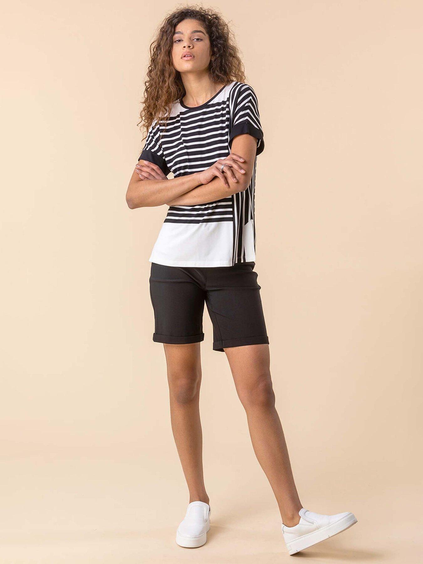 Image 3 of 4 of Roman Elastic Waist Turn Up Stretch Shorts - Black