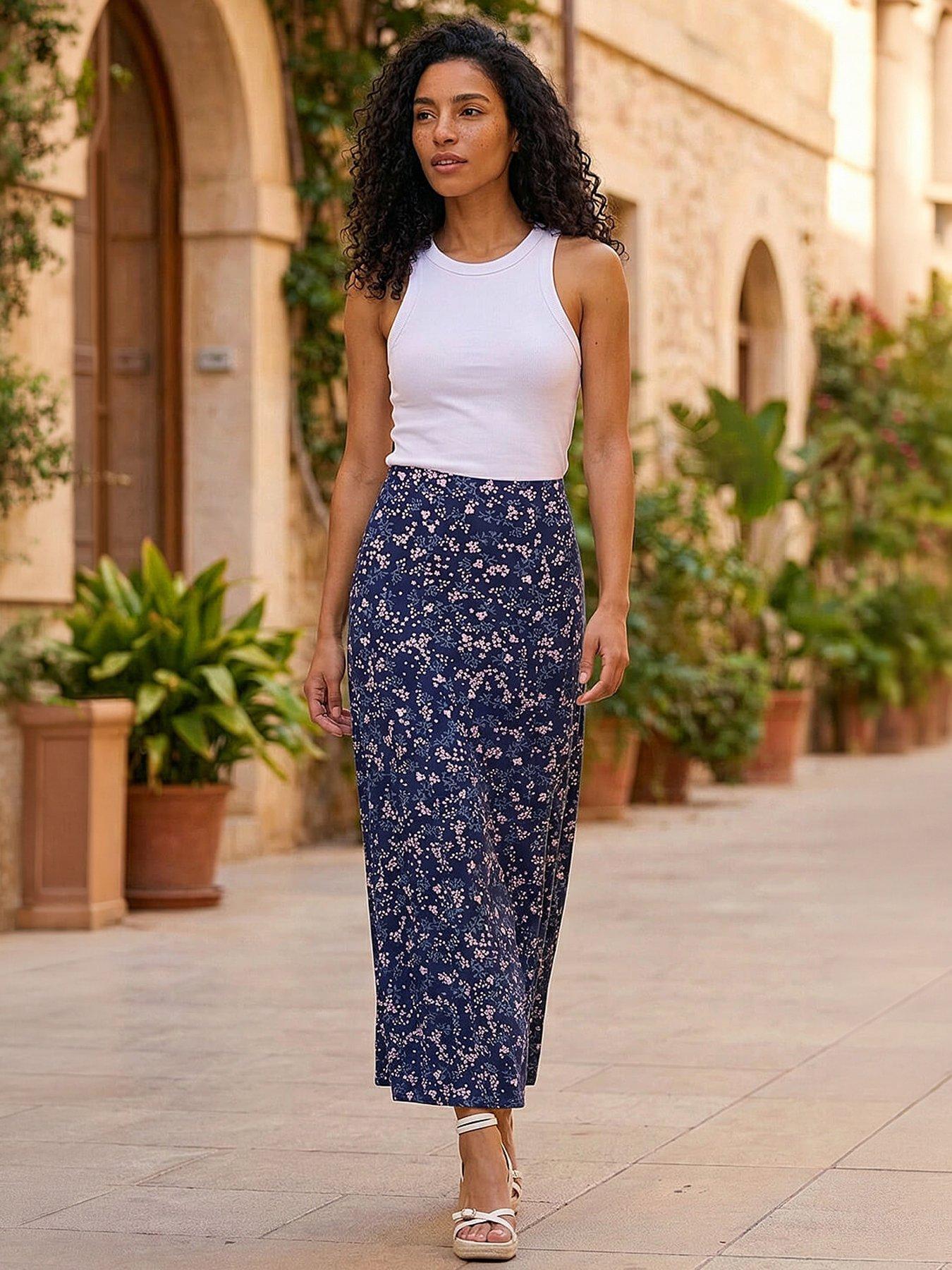 Roman Floral Print Elastic Waist Midi Stretch Skirt, Navy, Size 10, Women