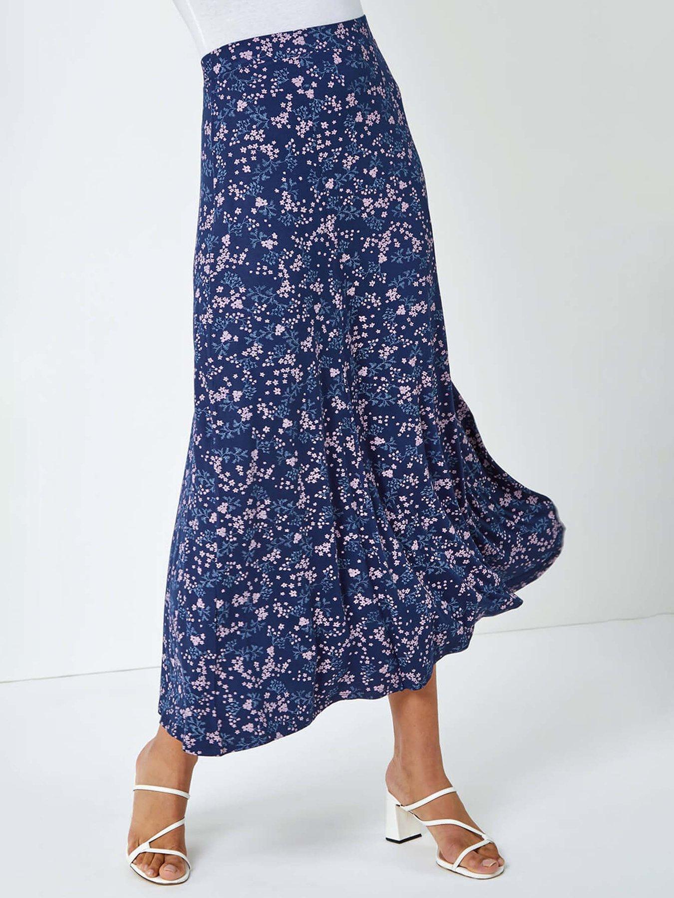 undefined Floral Print Elastic Waist Midi Stretch Skirt
