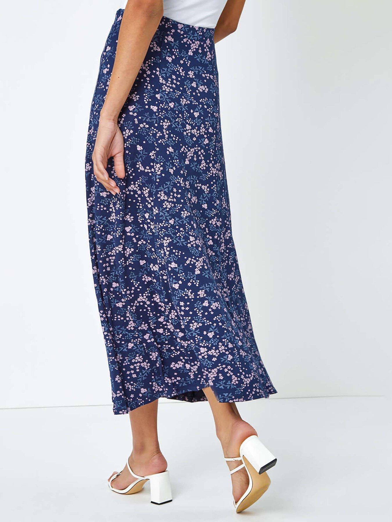 Image 2 of 4 of Roman Floral Print Elastic Waist Midi Stretch Skirt