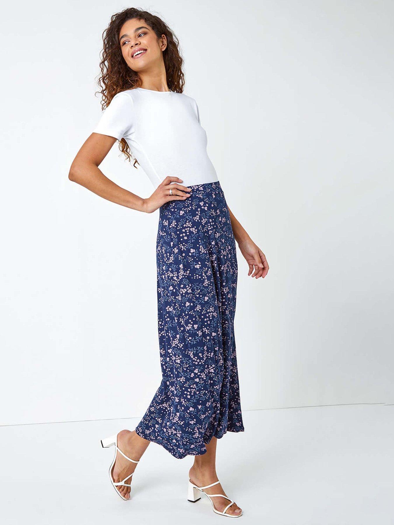 Image 3 of 4 of Roman Floral Print Elastic Waist Midi Stretch Skirt