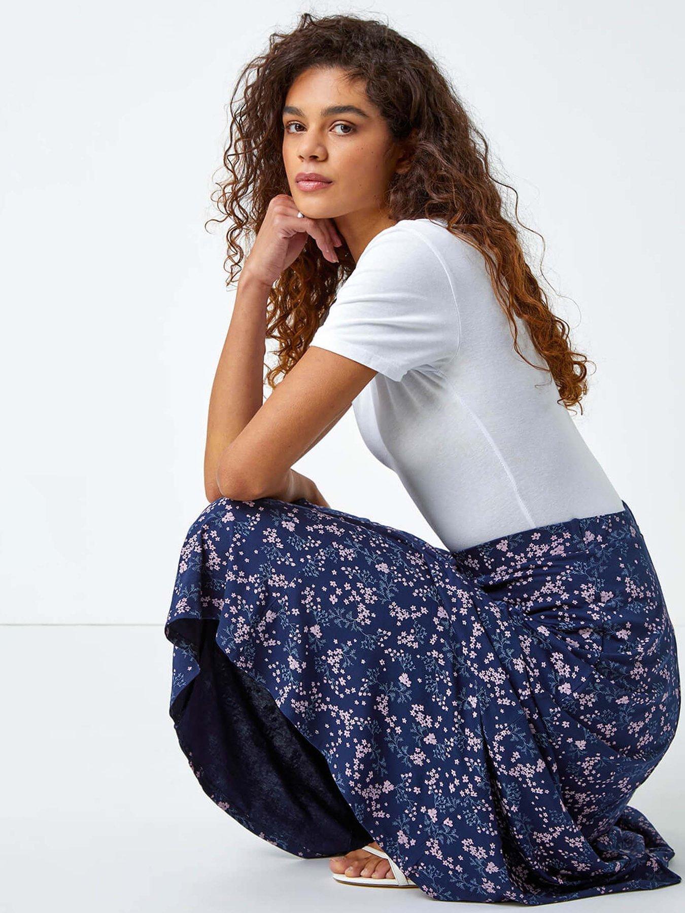 Image 4 of 4 of Roman Floral Print Elastic Waist Midi Stretch Skirt