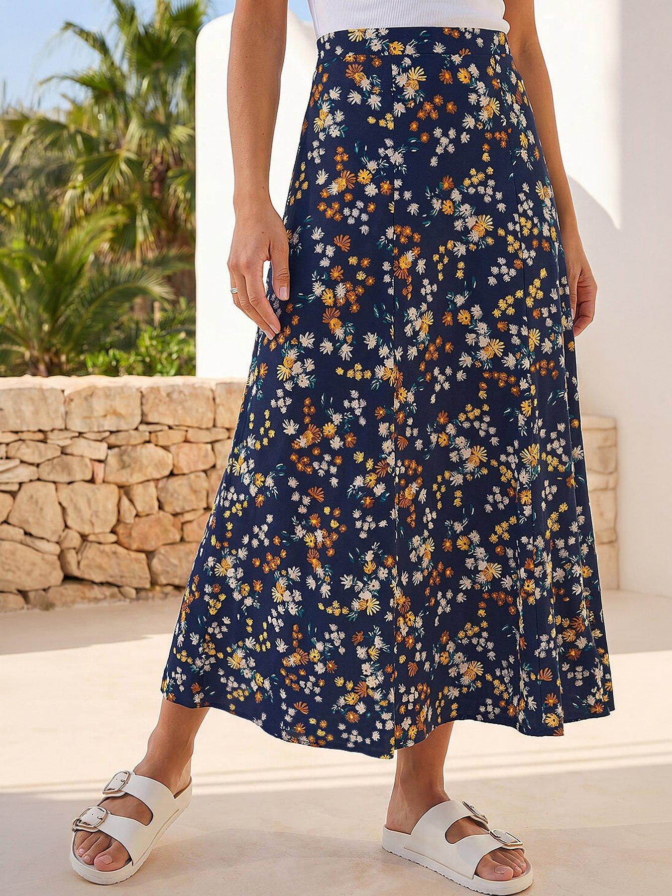 Roman Ditsy Floral Print Elastic Waist Midi Skirt, Navy, Size 16, Women