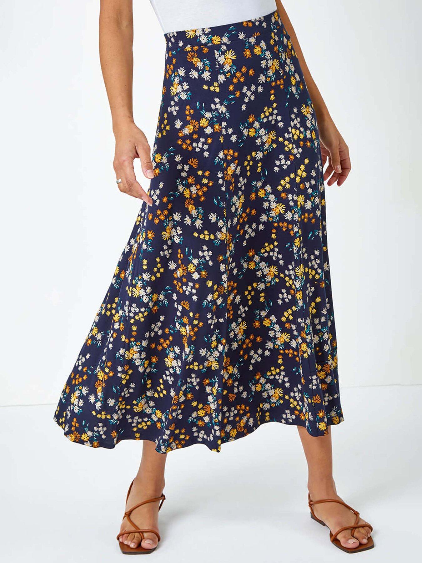 undefined Ditsy Floral Print Elastic Waist Midi Skirt