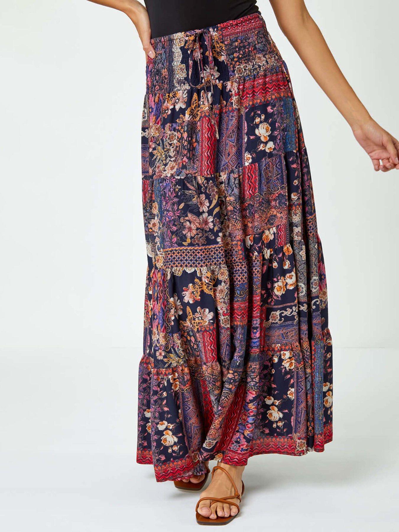 Roman Boho Floral Shirred Waist Maxi Skirt