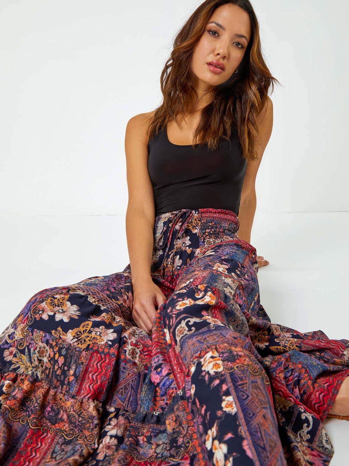 Roman Boho Floral Shirred Waist Maxi Skirt Very