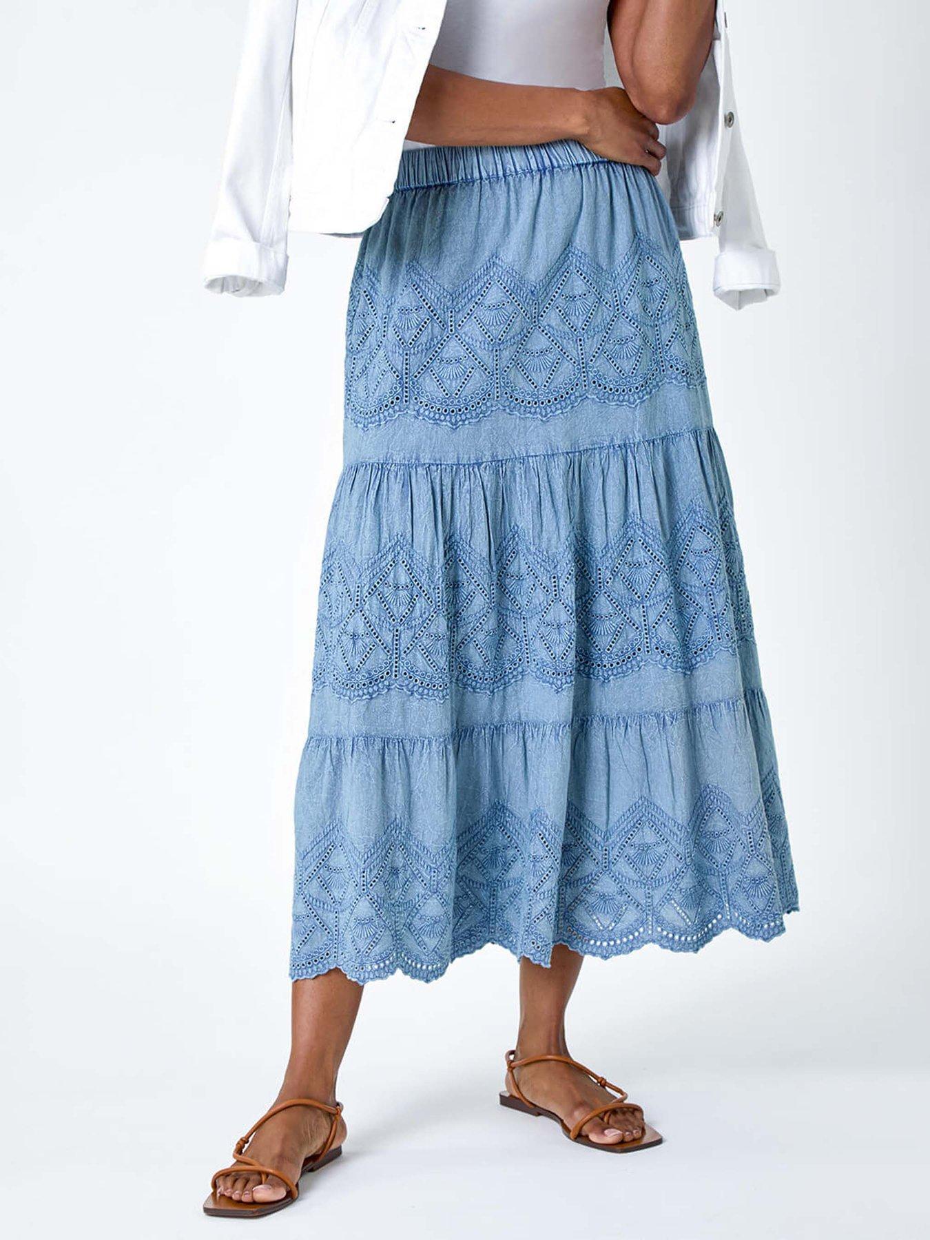 undefined Broderie Elastic Waist A Line Tiered Midi Skirt