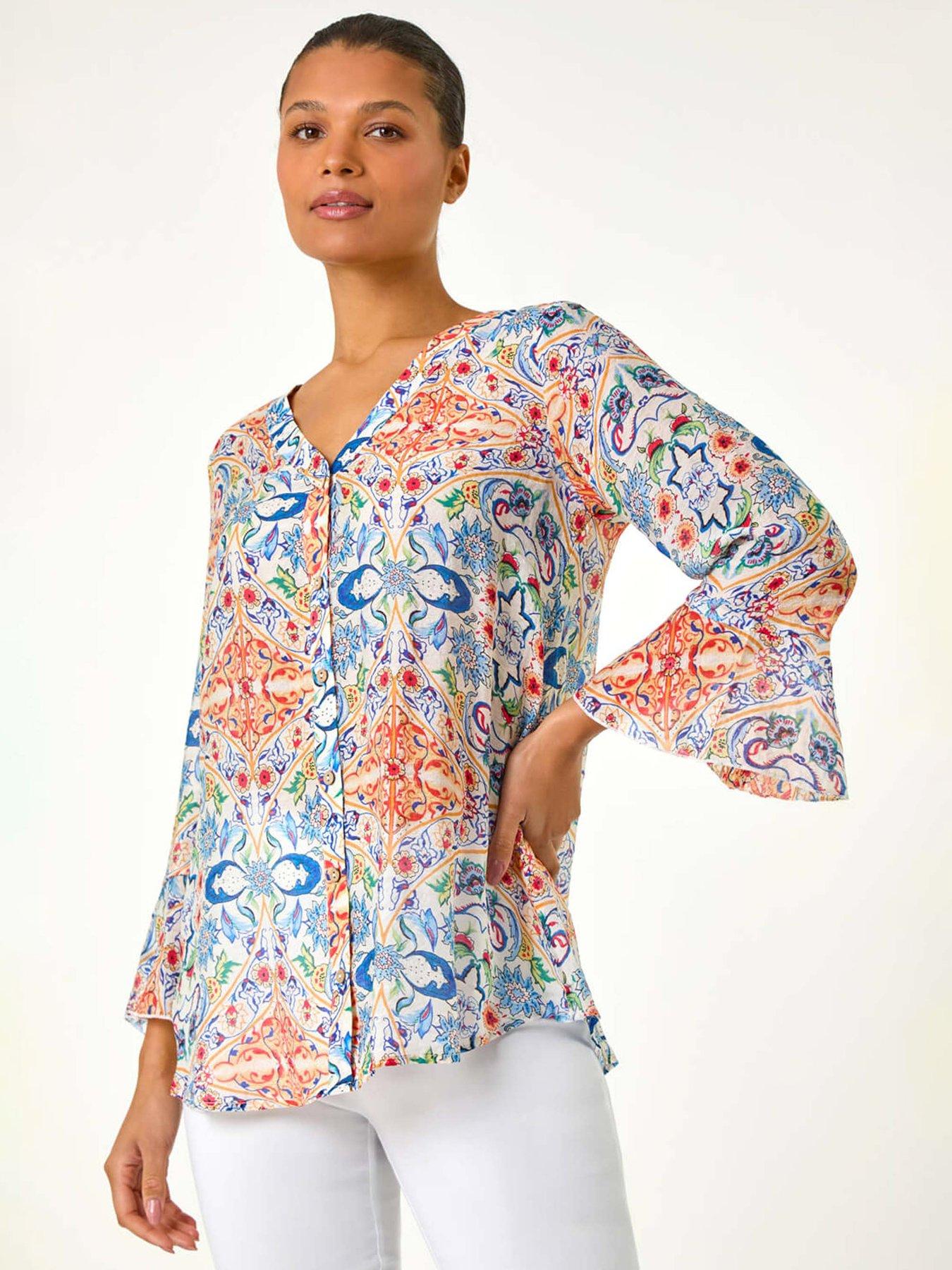 undefined Abstract Floral Frill Sleeve Top