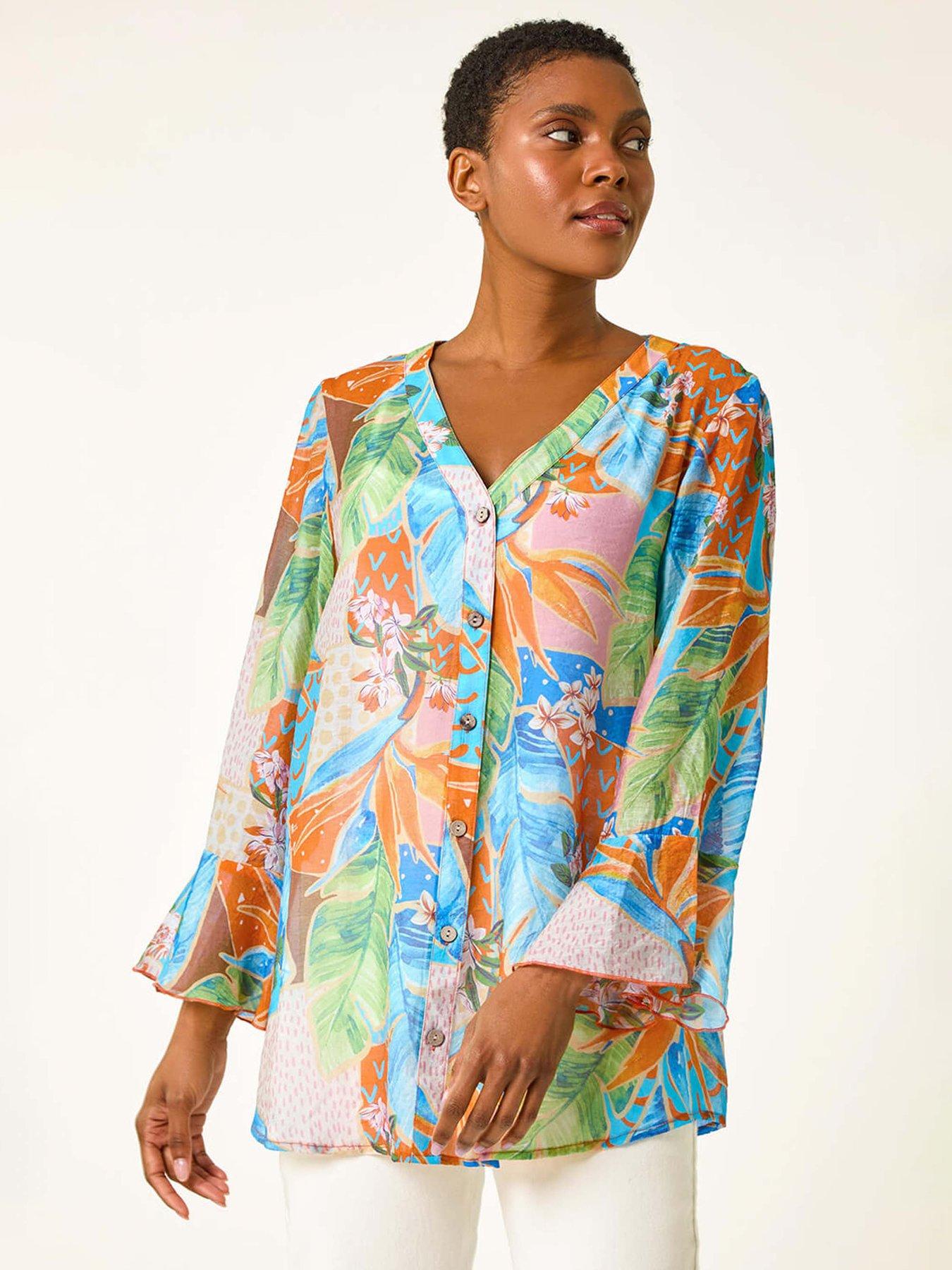 undefined Tropical Print Frill Sleeve Top