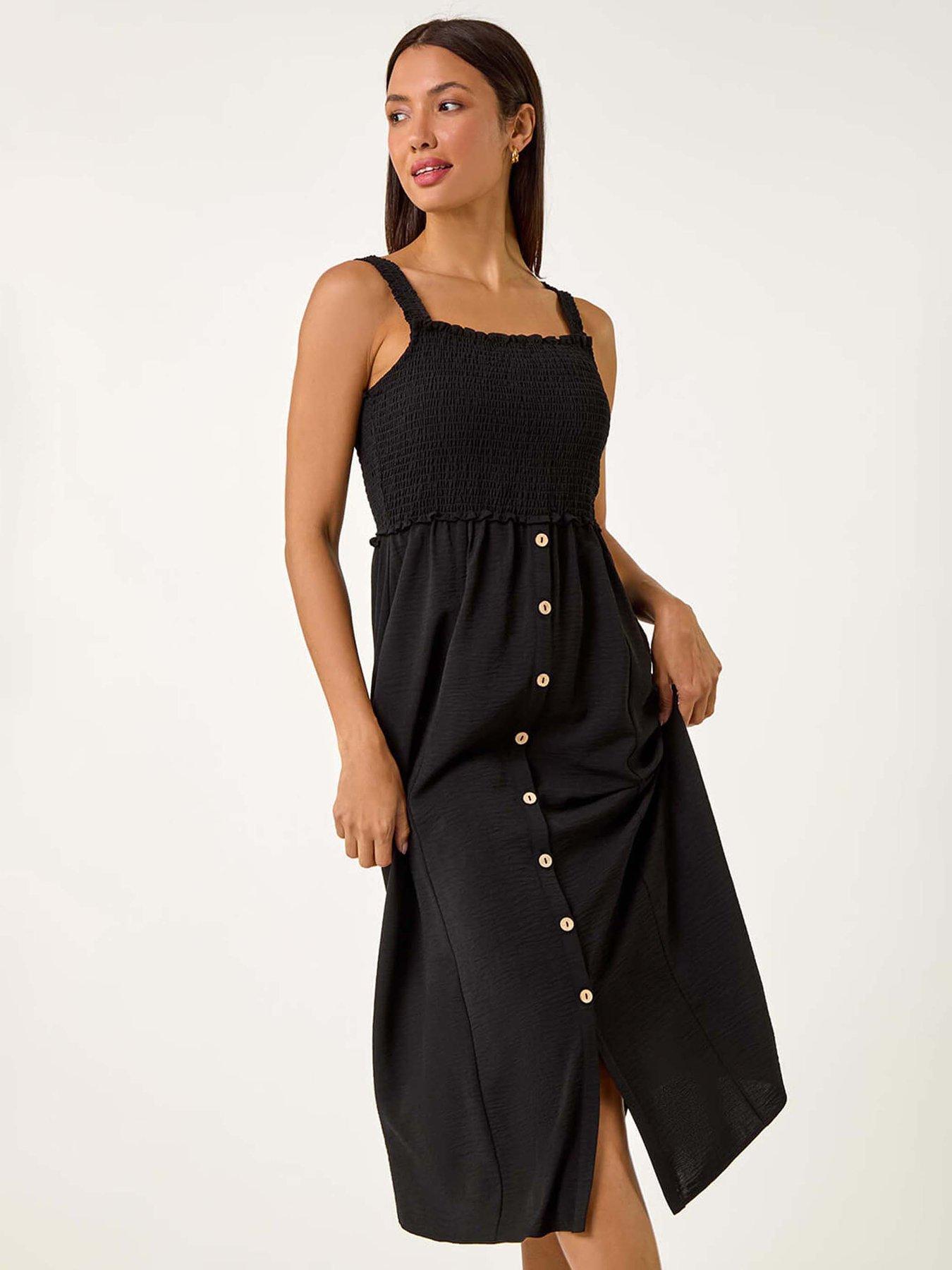 undefined Plain Shirred Button Detail Midi Dress