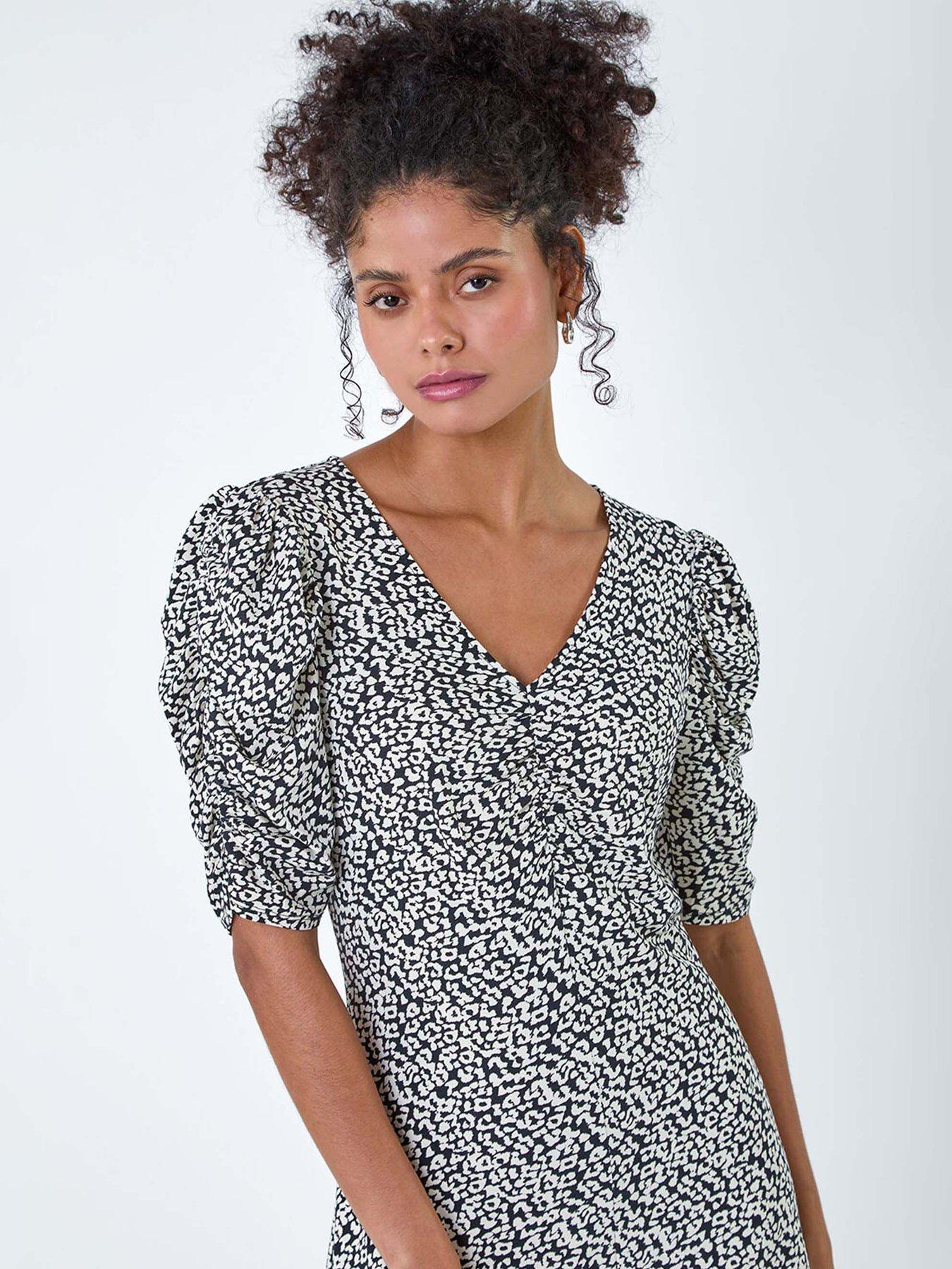 Image 4 of 5 of Roman Ditsy Floral Ruched Puff Sleeve Dress