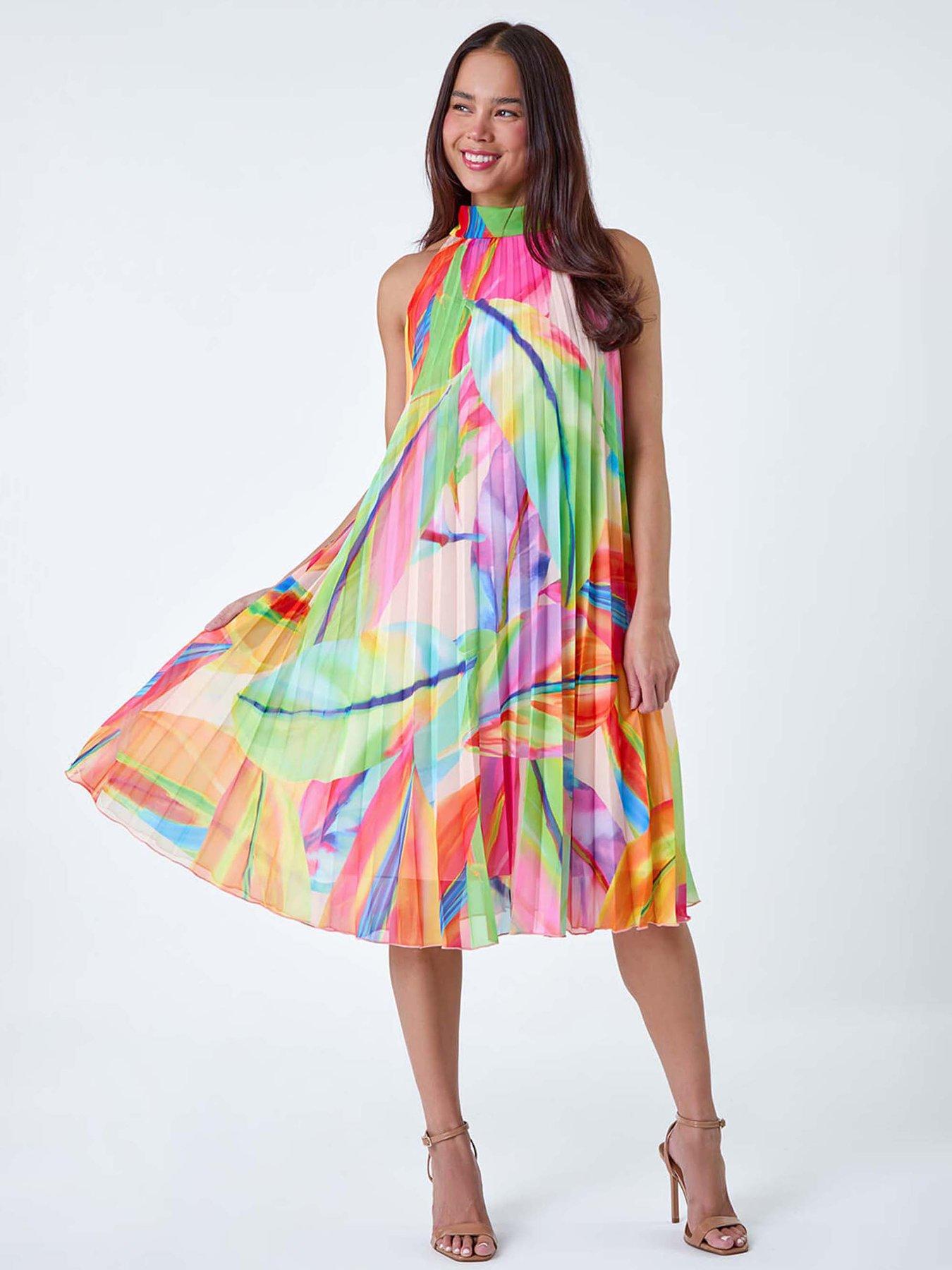 undefined Petite Tropical Halter Neck Pleated Dress - Orange