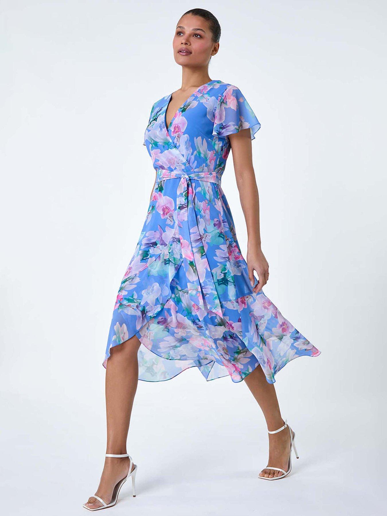 Roman Floral Frill Detail Wrap Dress, Blue, Size 18, Women