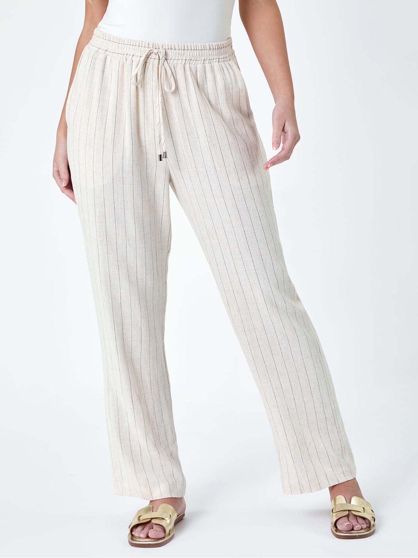 Roman Petite Linen Blend Stripe Trousers, Beige, Size 18, Women